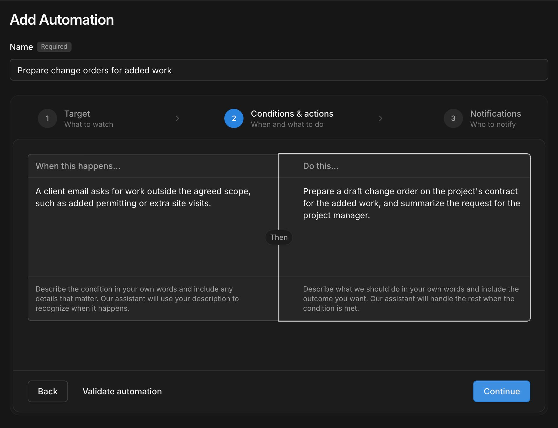 Setting up an automation in Kineo: when a client email asks for work outside the agreed scope, prepare a draft change order