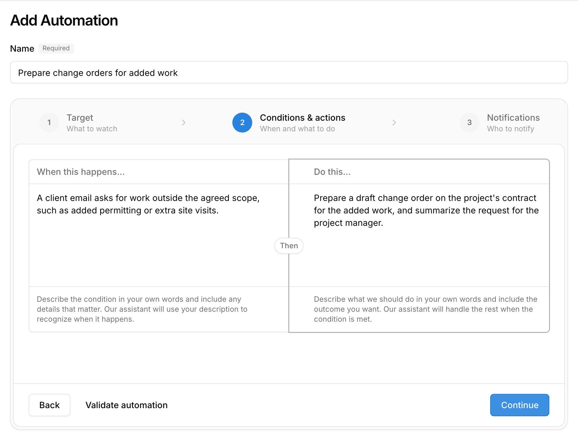 Setting up an automation in Kineo: when a client email asks for work outside the agreed scope, prepare a draft change order