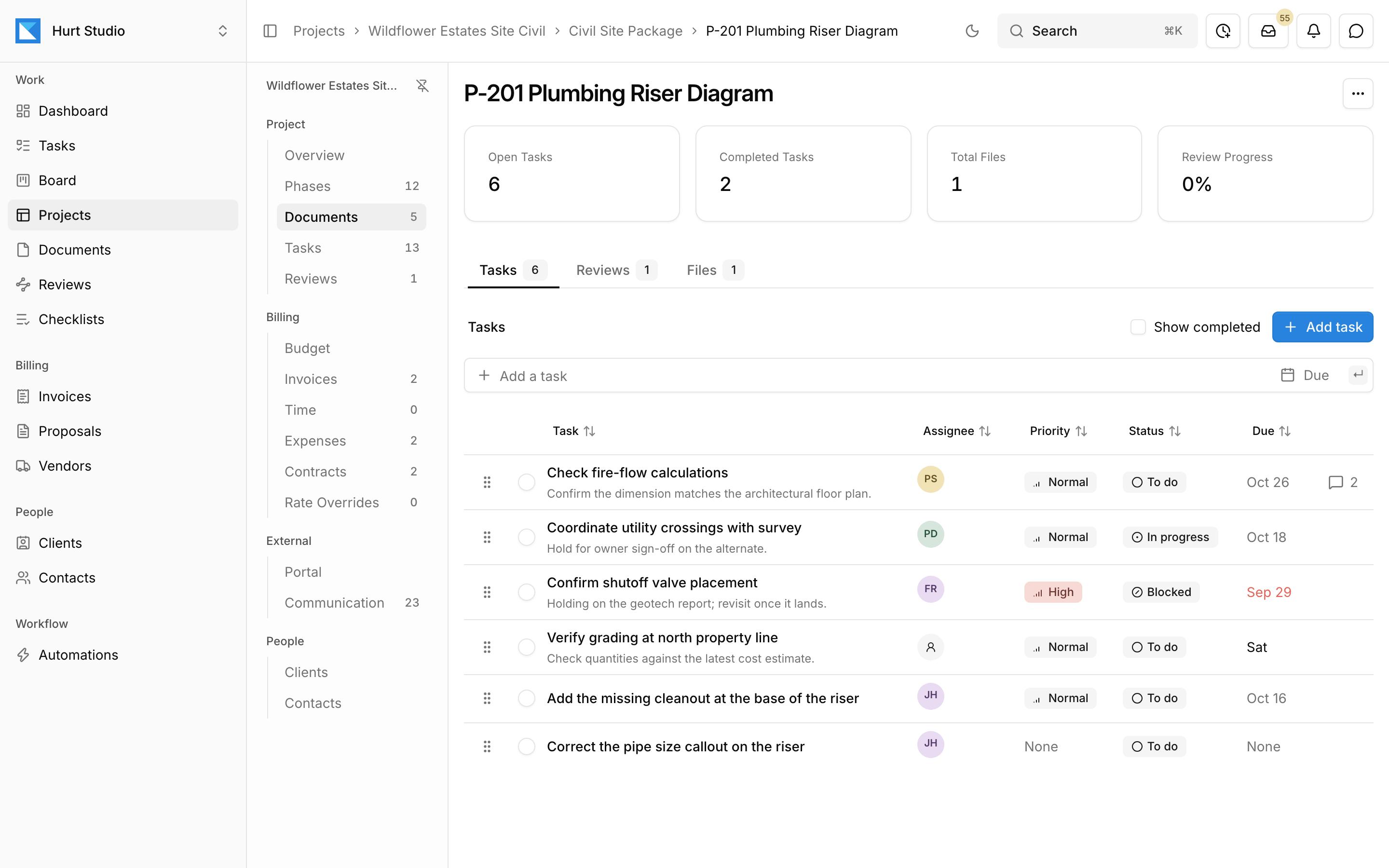 A plumbing riser diagram's page in Kineo with its open tasks, assignees, priorities, and due dates