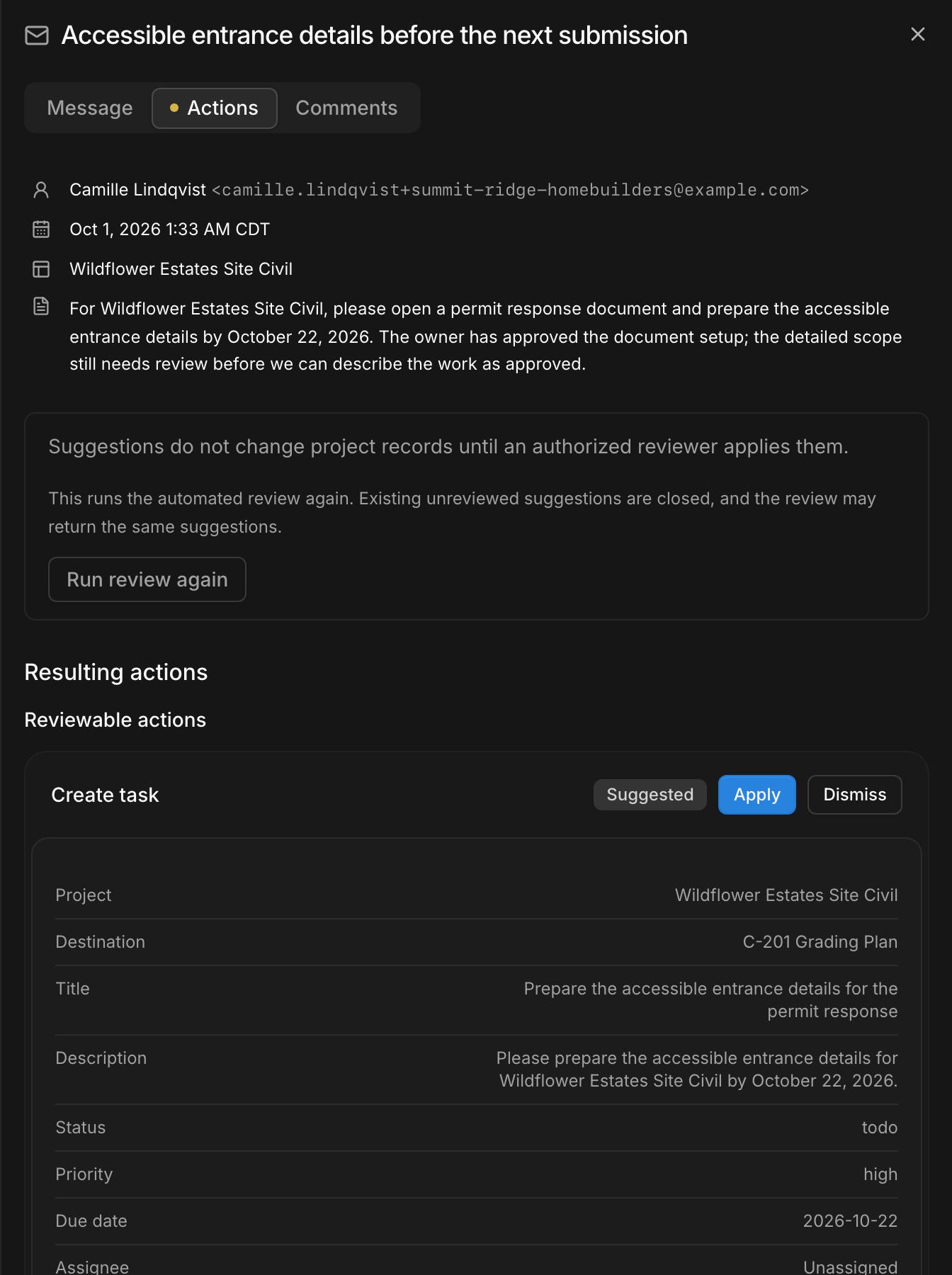 A client email in Kineo with the assistant's suggested task: title, description, priority, and due date, with Apply and Dismiss buttons