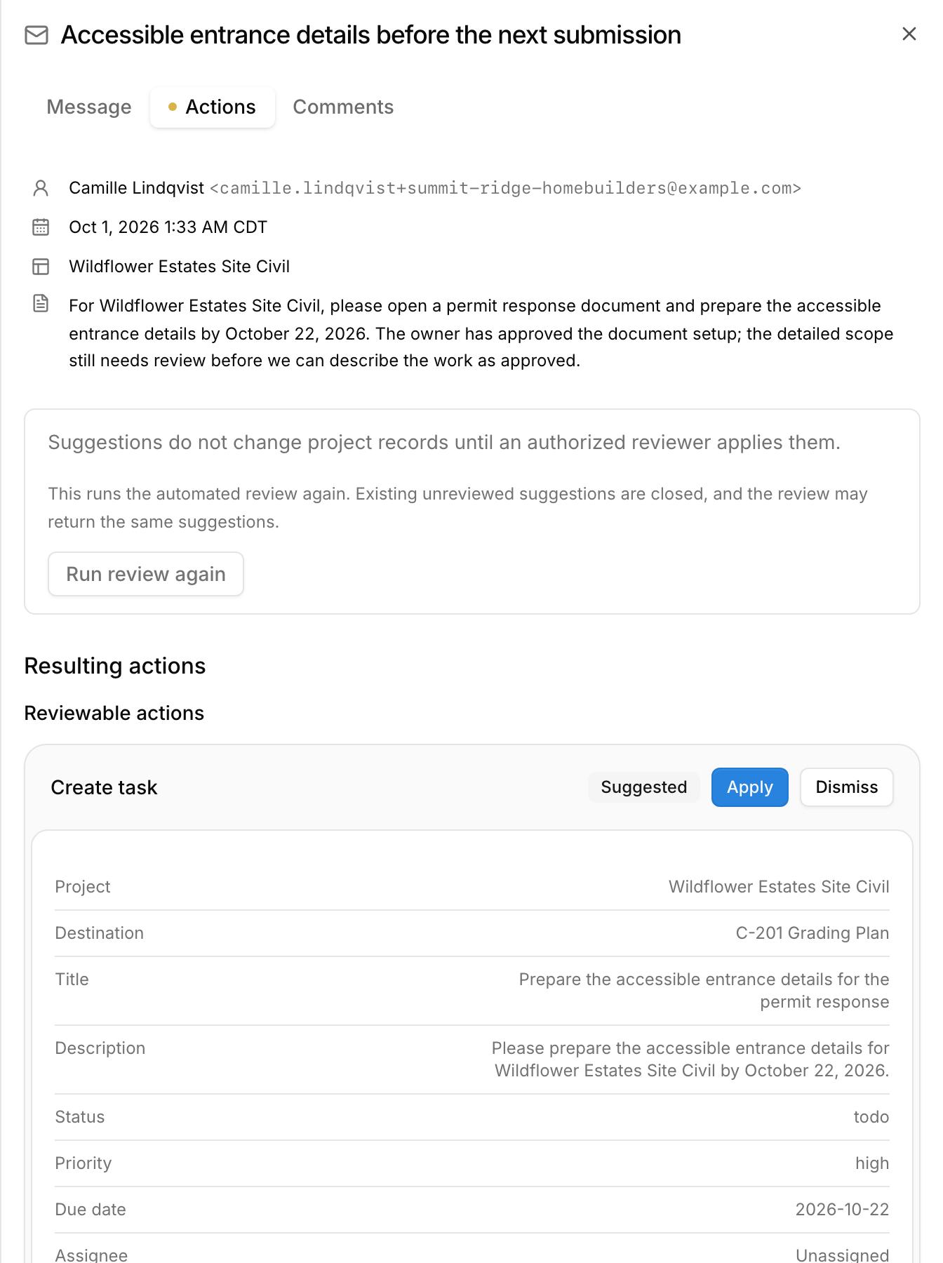 A client email in Kineo with the assistant's suggested task: title, description, priority, and due date, with Apply and Dismiss buttons