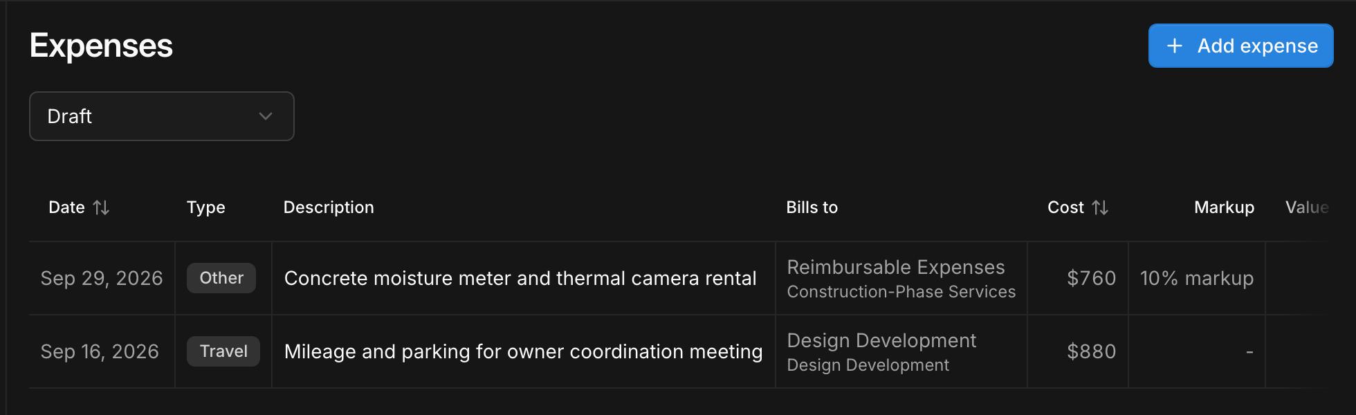 Draft project expenses in Kineo with their type, billing line, cost, and markup