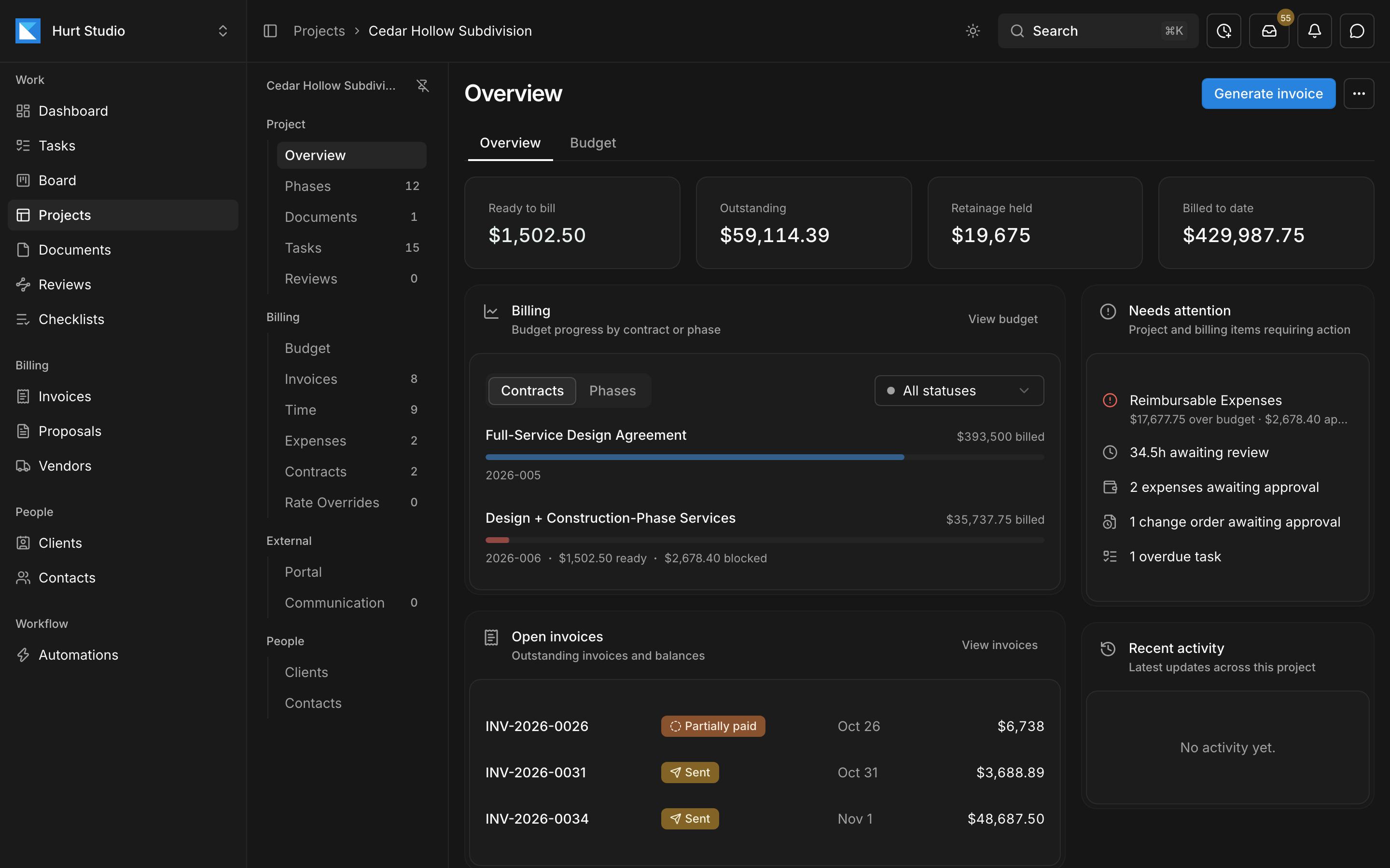 A project overview in Kineo showing billing progress by contract, open invoices, and items that need attention