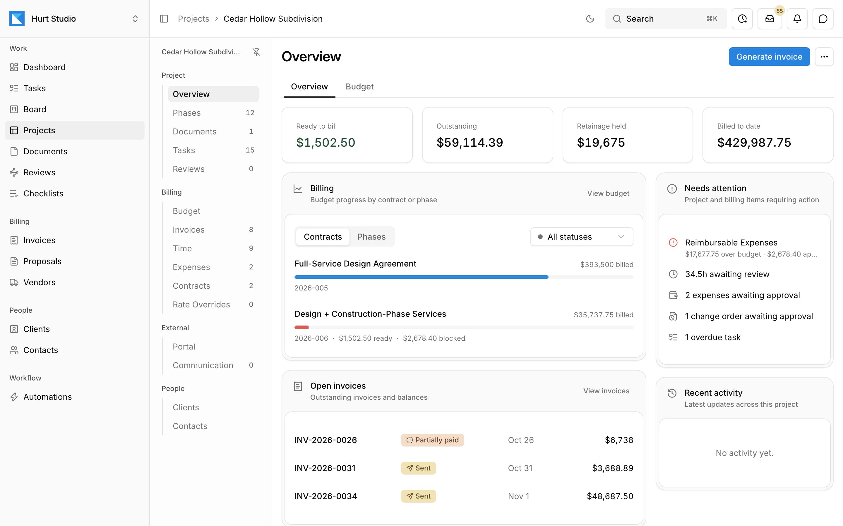 A project overview in Kineo showing billing progress by contract, open invoices, and items that need attention