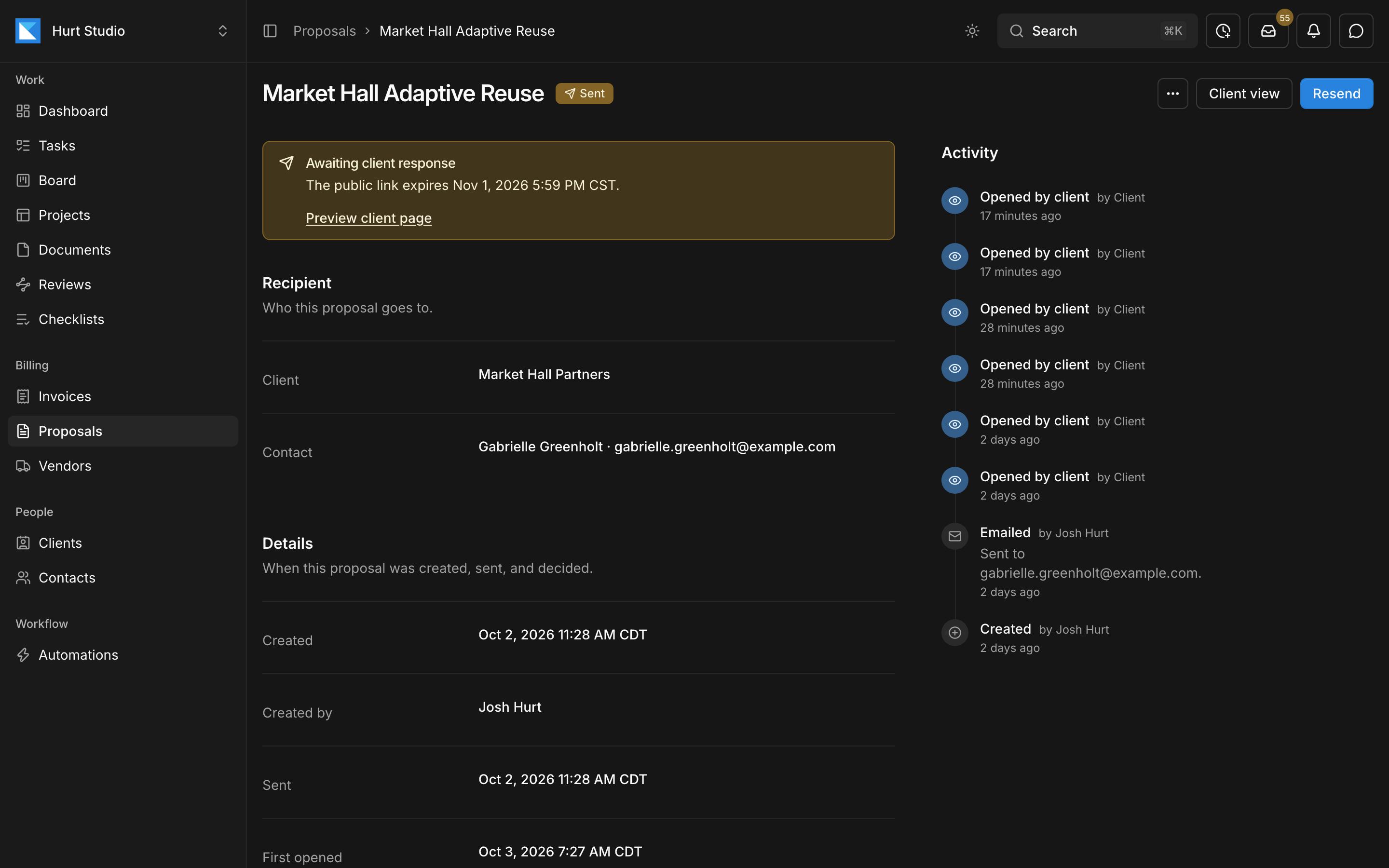 A sent proposal in Kineo awaiting the client's response, with its recipient and activity log
