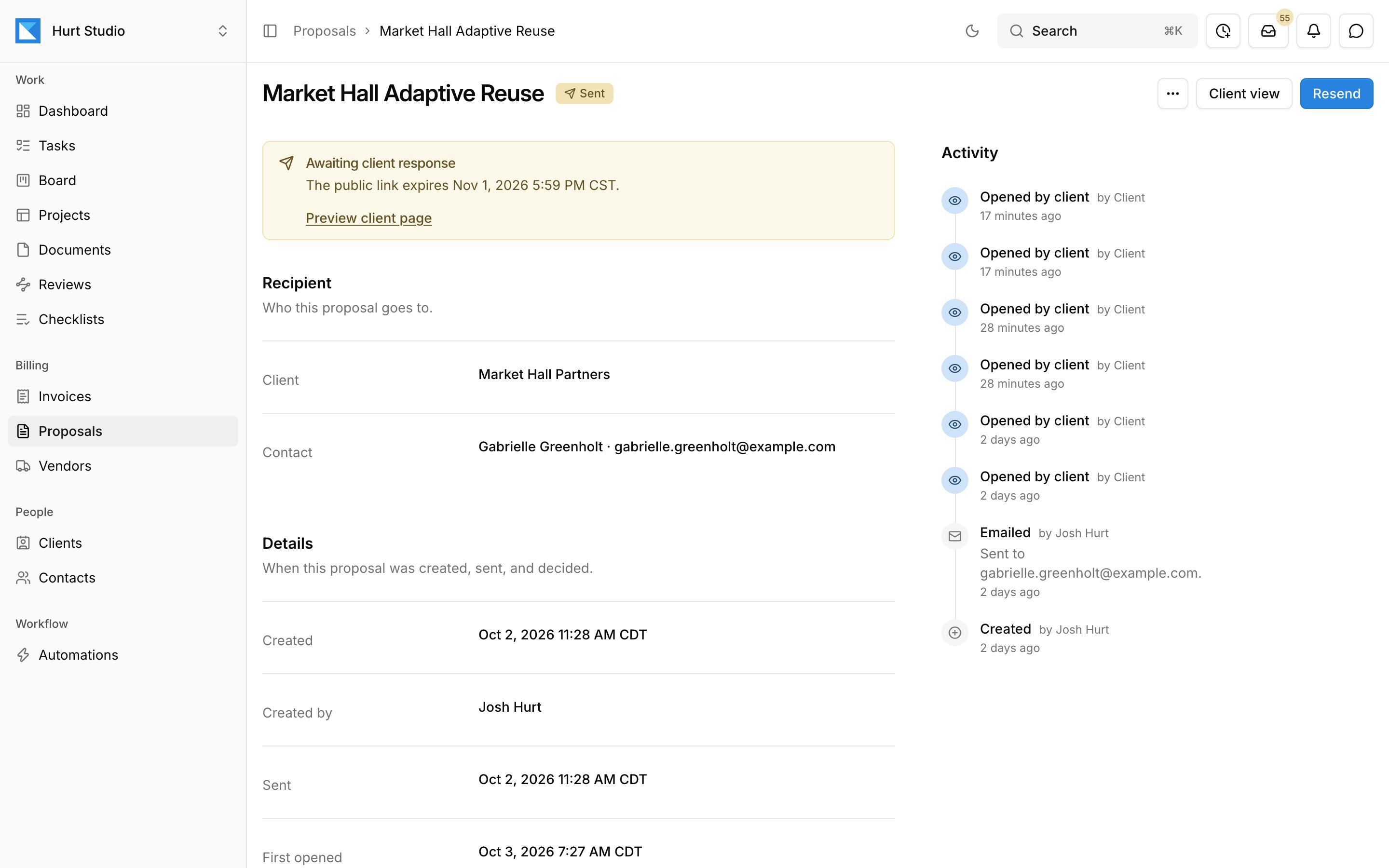 A sent proposal in Kineo awaiting the client's response, with its recipient and activity log