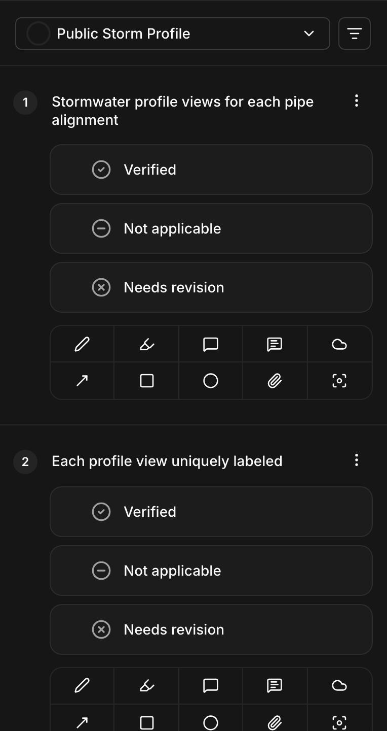 A checklist item with verified, not applicable, and needs revision options above its nine markup tools