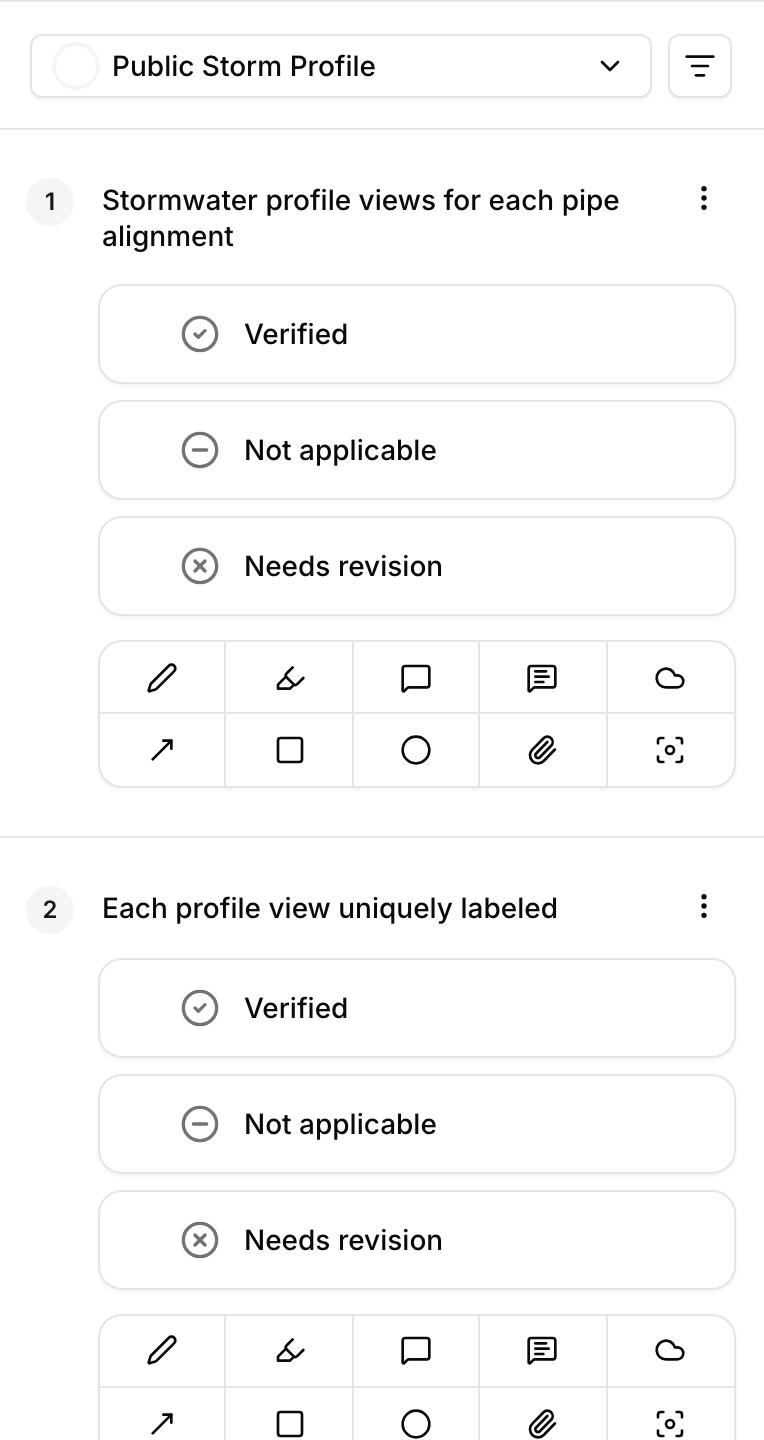 A checklist item with verified, not applicable, and needs revision options above its nine markup tools