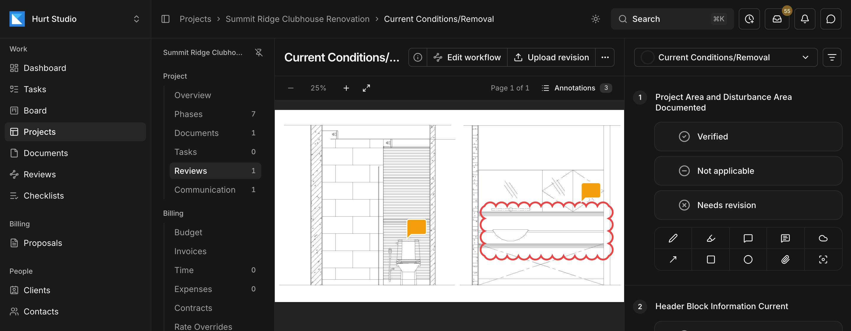 A drawing under review in Kineo, with markups on the sheet and the checklist beside it