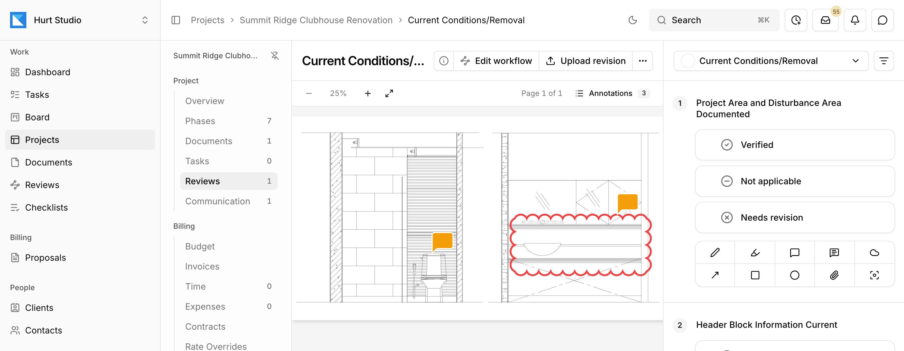 A drawing under review in Kineo, with markups on the sheet and the checklist beside it