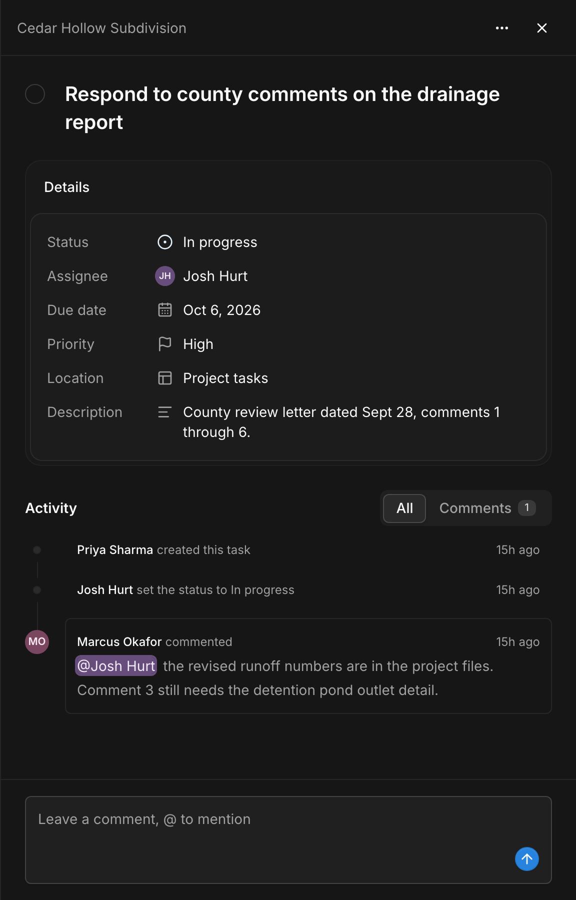 A task in Kineo with its status, assignee, due date, priority, location, and description, and a comment that mentions a teammate