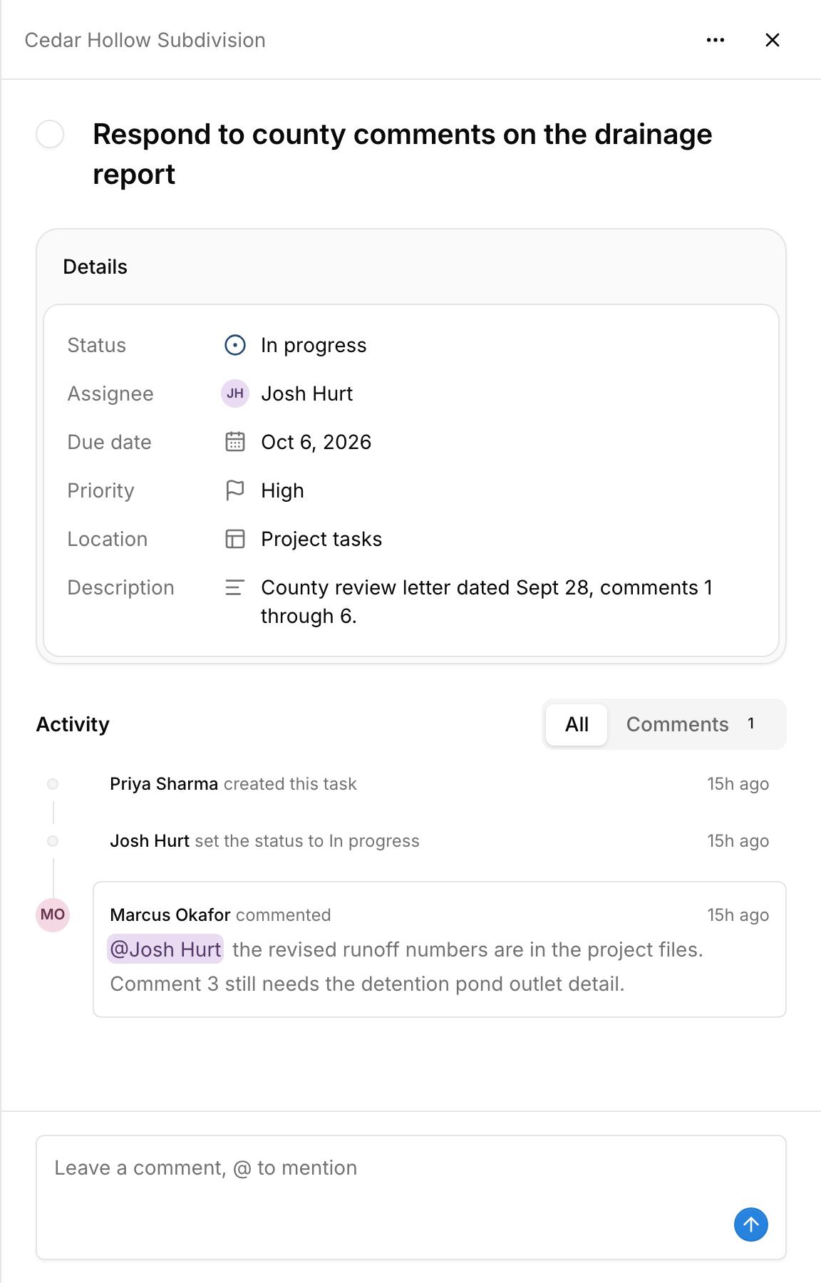 A task in Kineo with its status, assignee, due date, priority, location, and description, and a comment that mentions a teammate