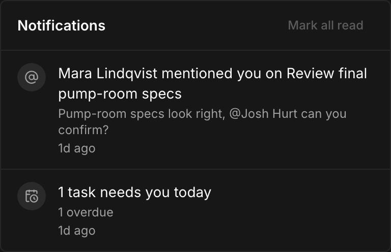 Kineo's notifications: a summary of tasks due today and a teammate's mention in a task comment