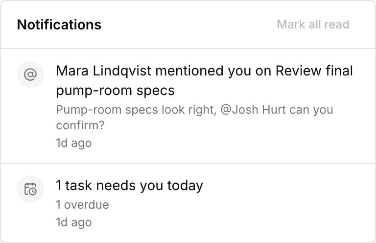 Kineo's notifications: a summary of tasks due today and a teammate's mention in a task comment