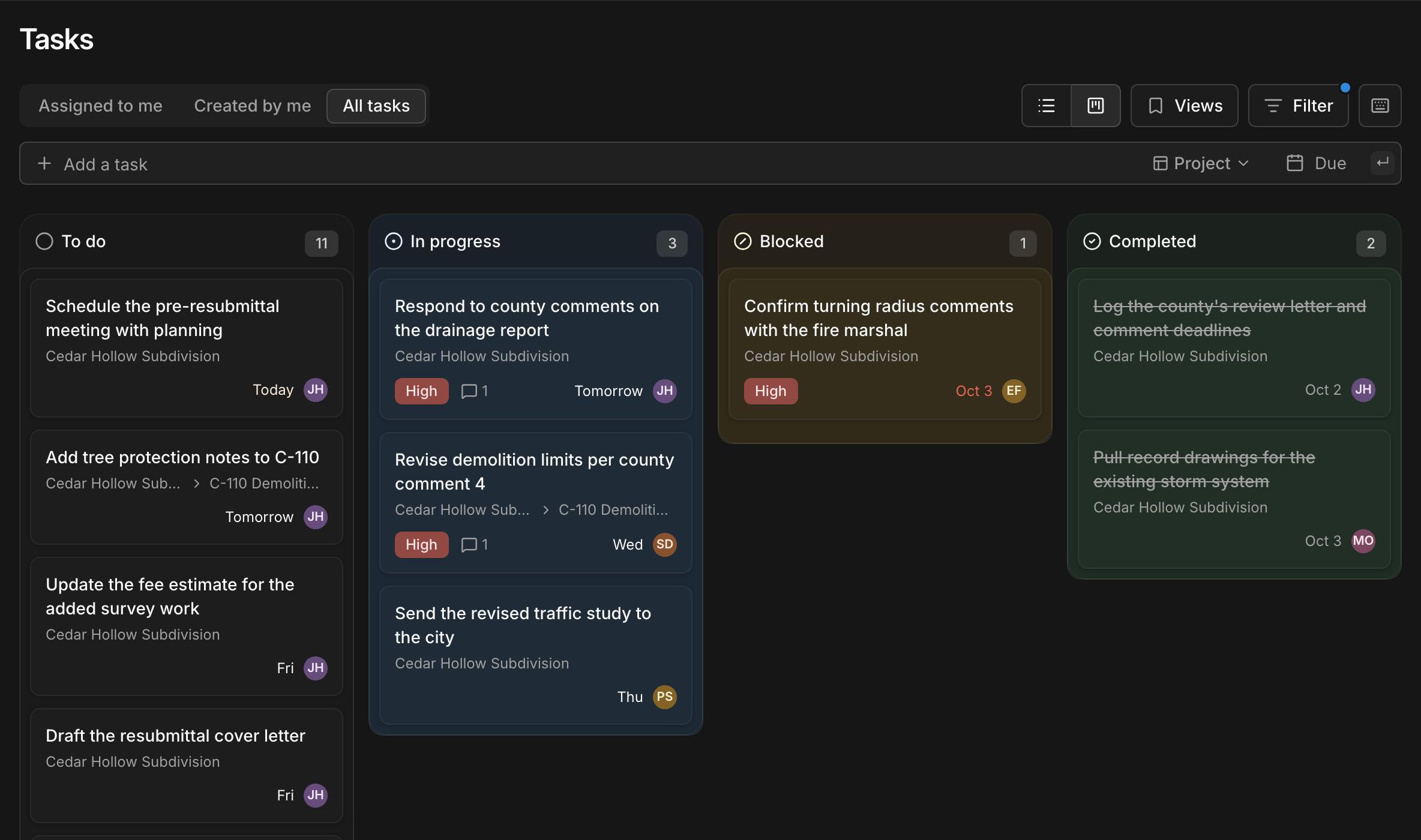 Kineo's task board with To do, In progress, Blocked, and Completed columns