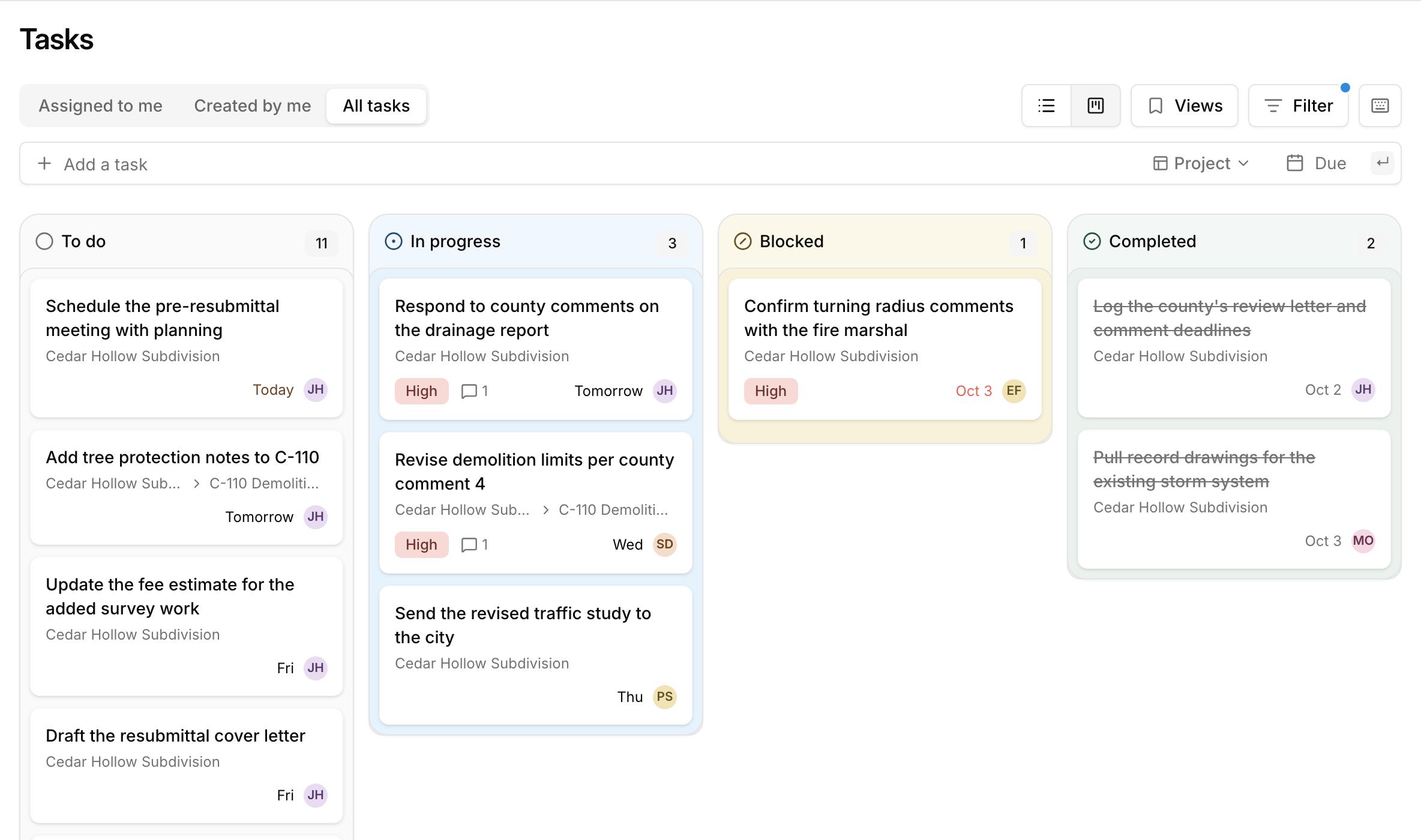 Kineo's task board with To do, In progress, Blocked, and Completed columns