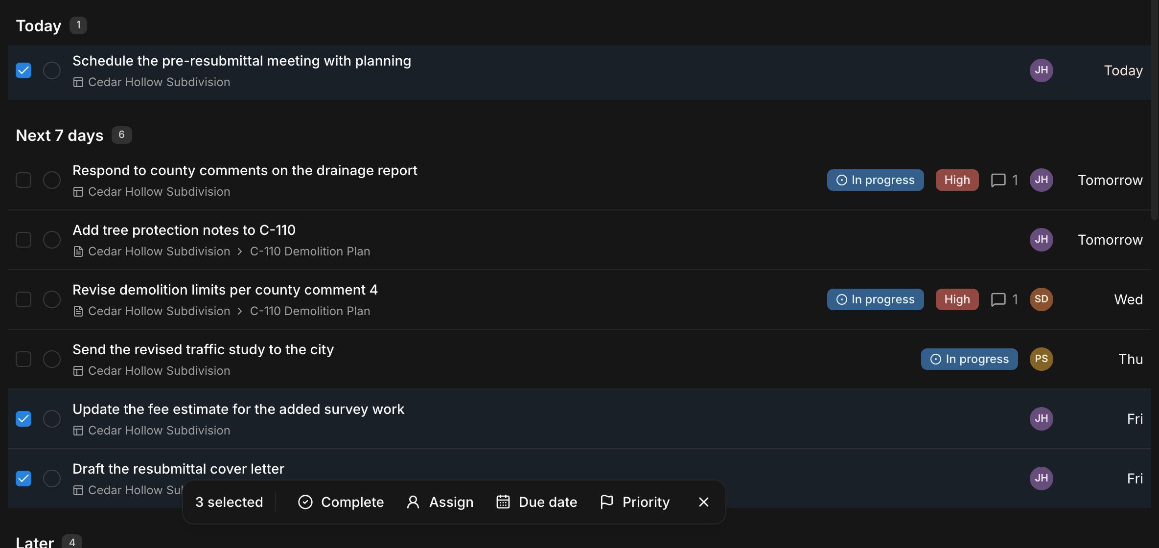 Three tasks selected in Kineo, with a bar to complete, assign, reschedule, or reprioritize them together
