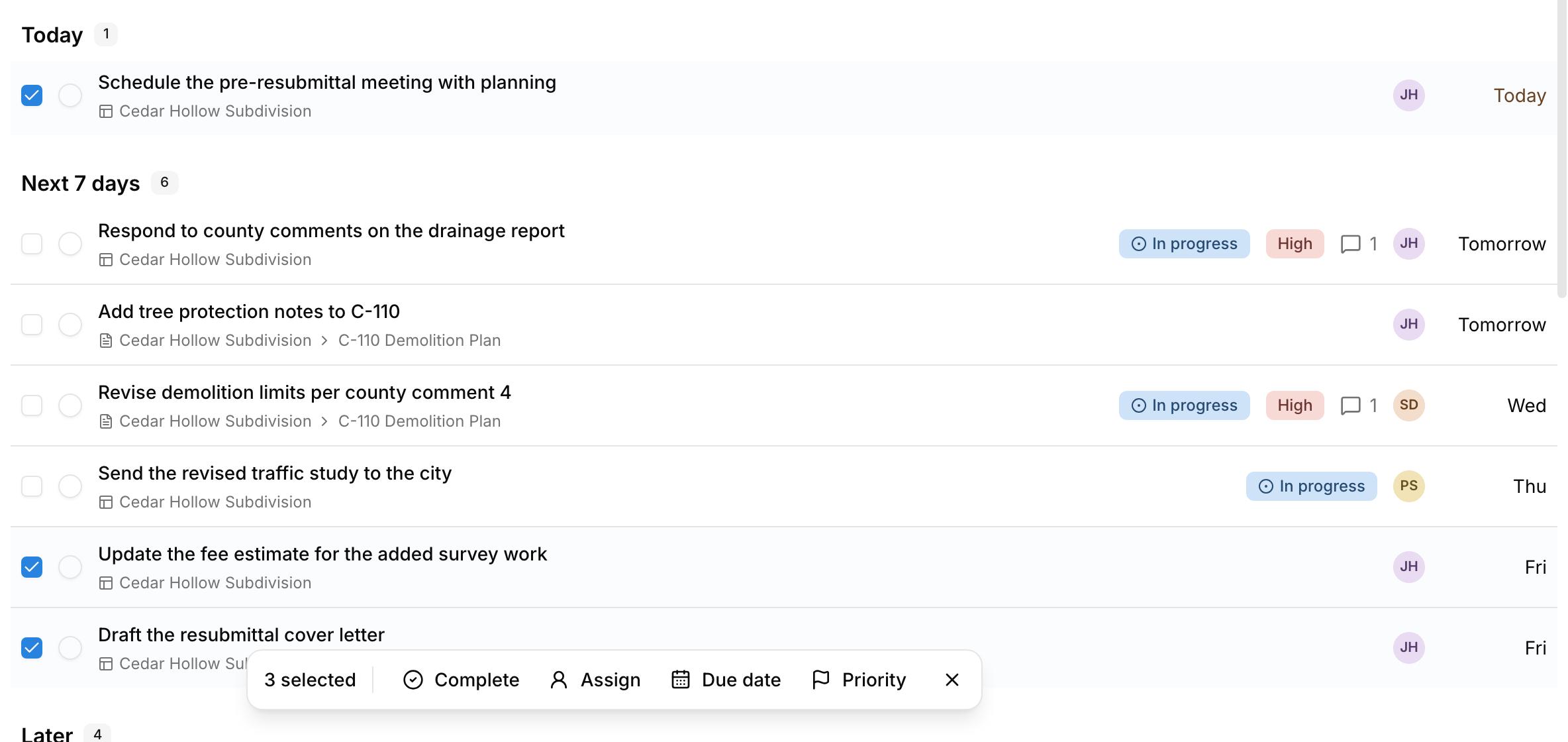Three tasks selected in Kineo, with a bar to complete, assign, reschedule, or reprioritize them together