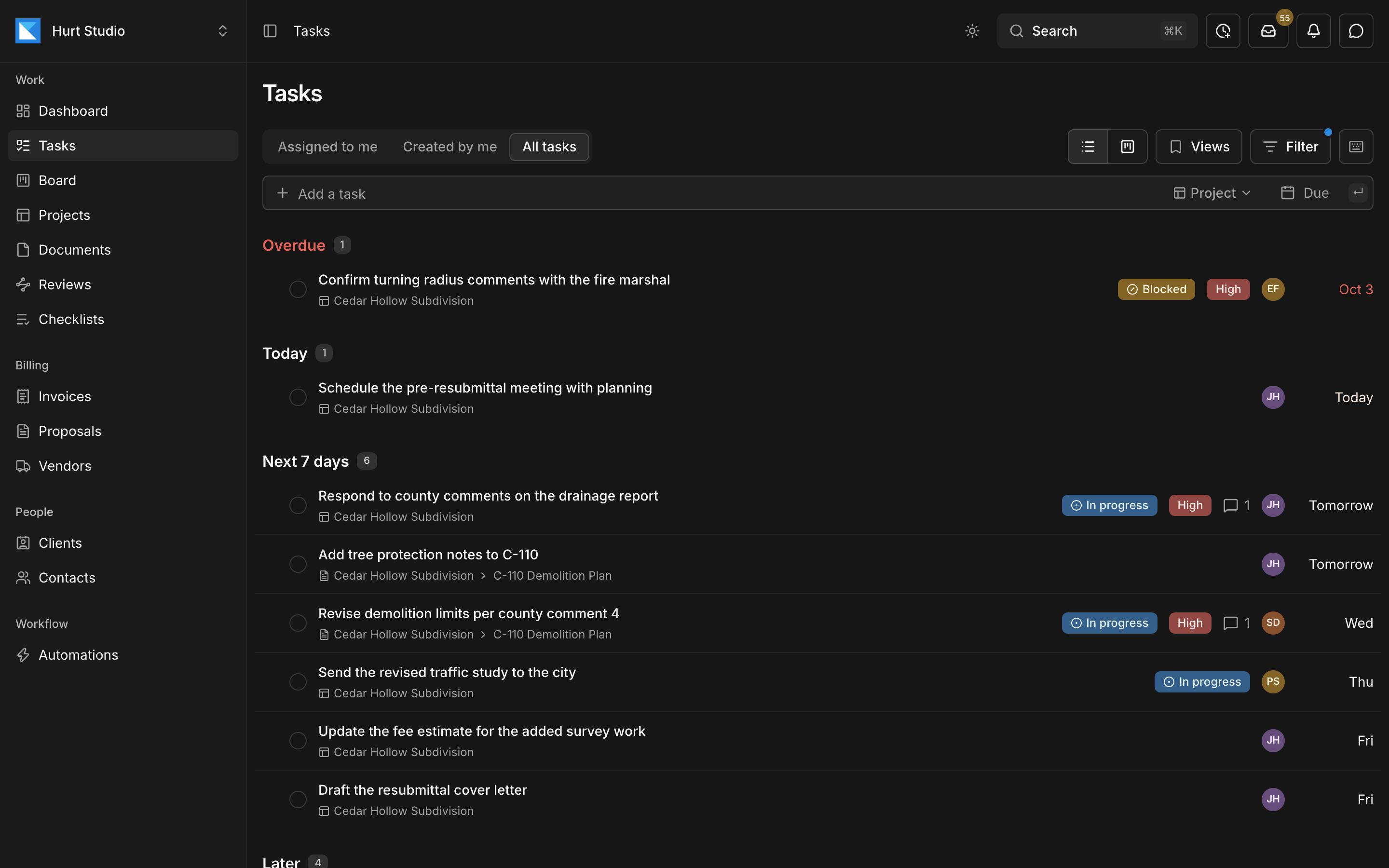 Kineo's Tasks page listing a project's tasks grouped into overdue, today, and the next seven days, with status, priority, assignee, and due date on each