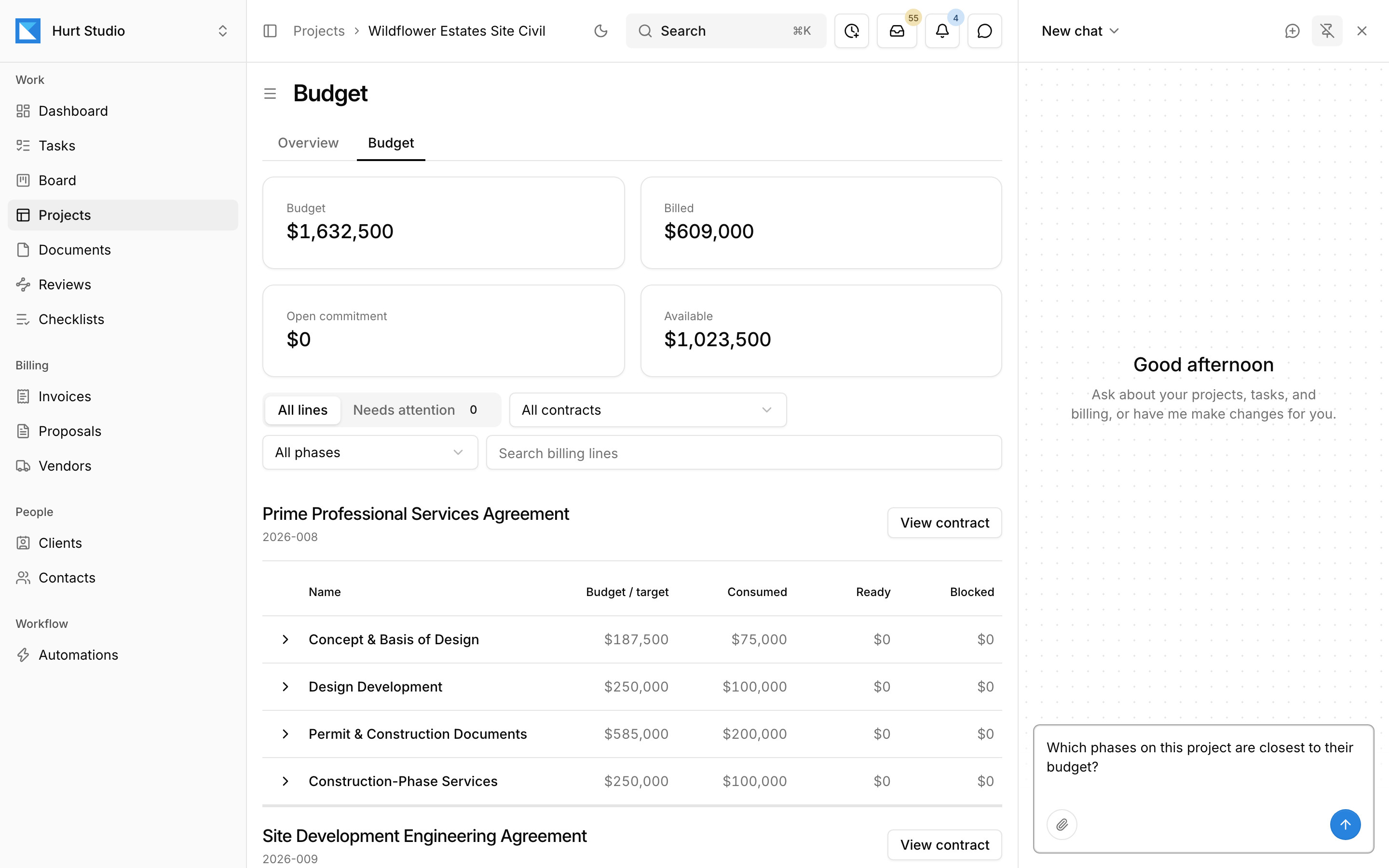 A project budget in Paradesk with the assistant open beside it and a question about which phases are closest to their budget