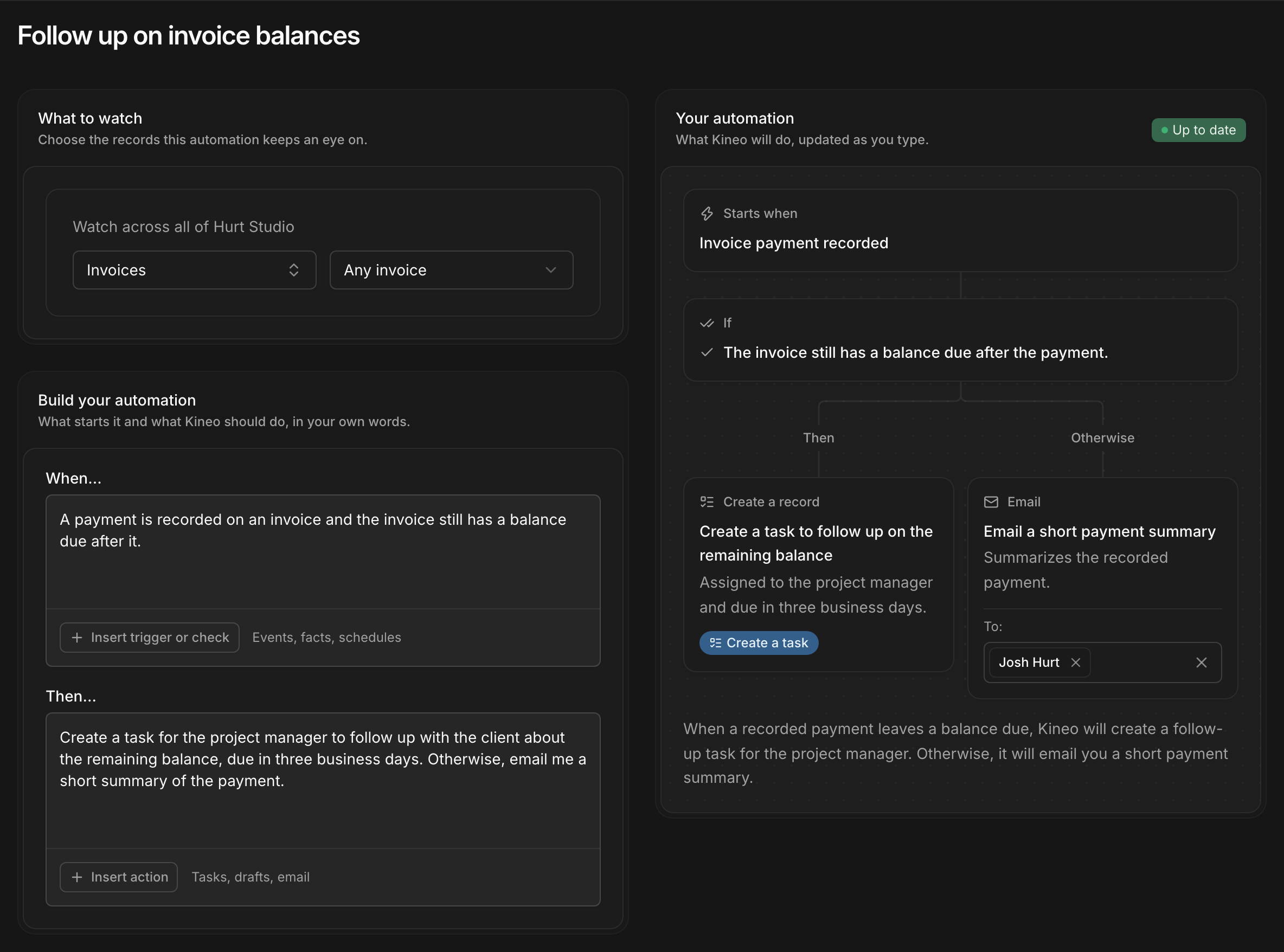 An automation in Kineo, described in plain language, that creates a follow-up task when a payment leaves a balance due and otherwise emails a summary, shown as a flow of steps