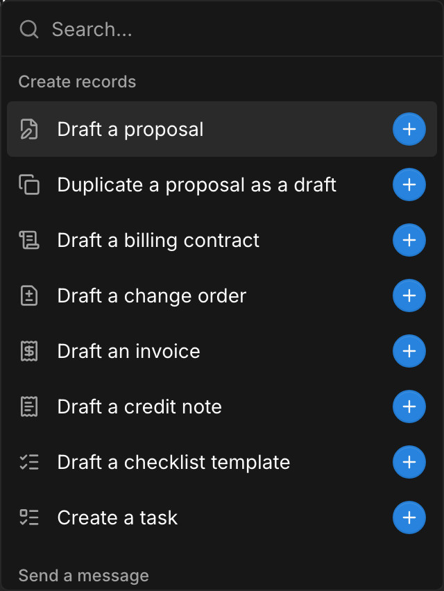 The Insert action menu in Paradesk's automation builder, listing the records an automation can create: proposals, billing contracts, change orders, invoices, credit notes, checklist templates, and tasks