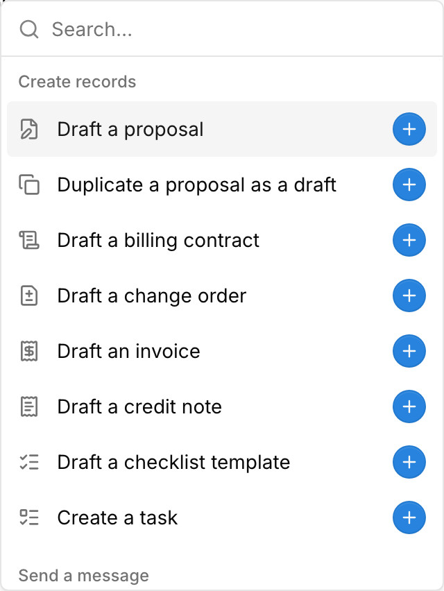 The Insert action menu in Paradesk's automation builder, listing the records an automation can create: proposals, billing contracts, change orders, invoices, credit notes, checklist templates, and tasks