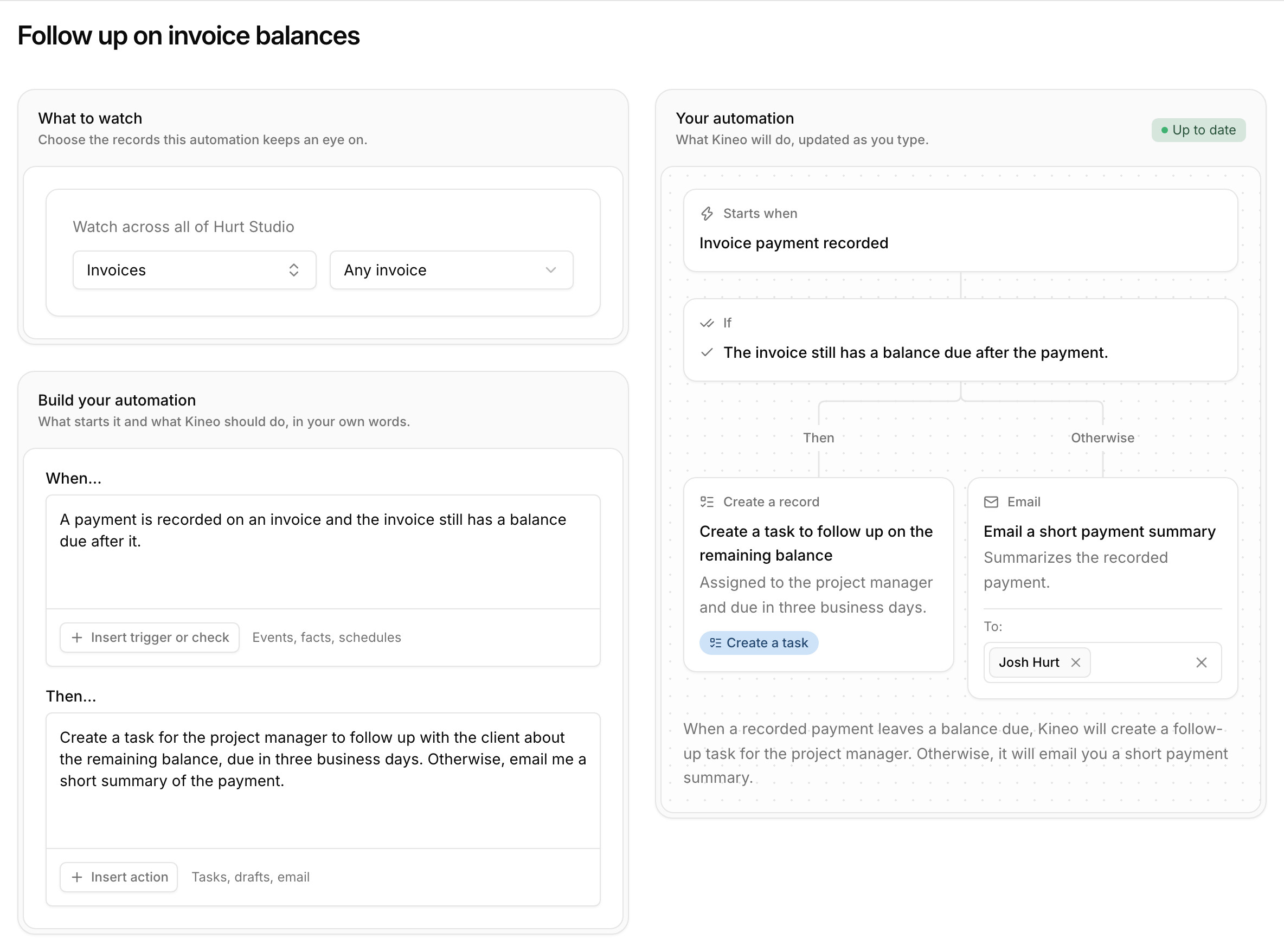 An automation in Kineo, described in plain language, that creates a follow-up task when a payment leaves a balance due and otherwise emails a summary, shown as a flow of steps