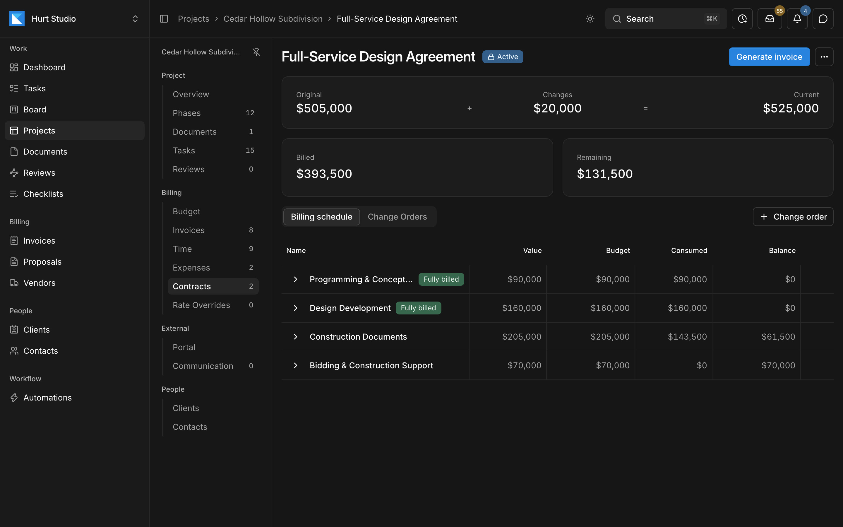 A billing contract in Paradesk with its original value, approved changes, and billing schedule by phase