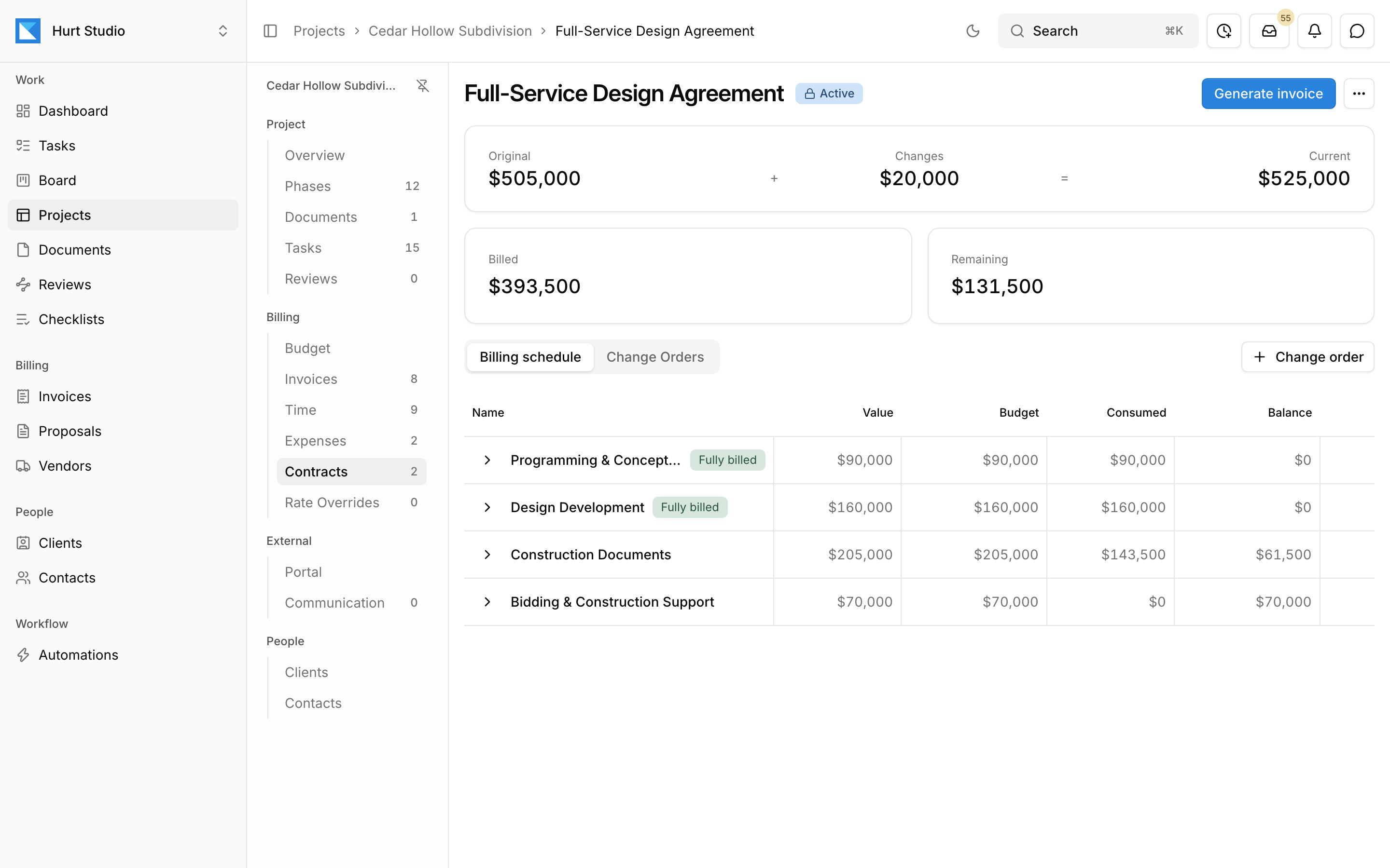 A billing contract in Kineo with its original value, approved changes, and billing schedule by phase