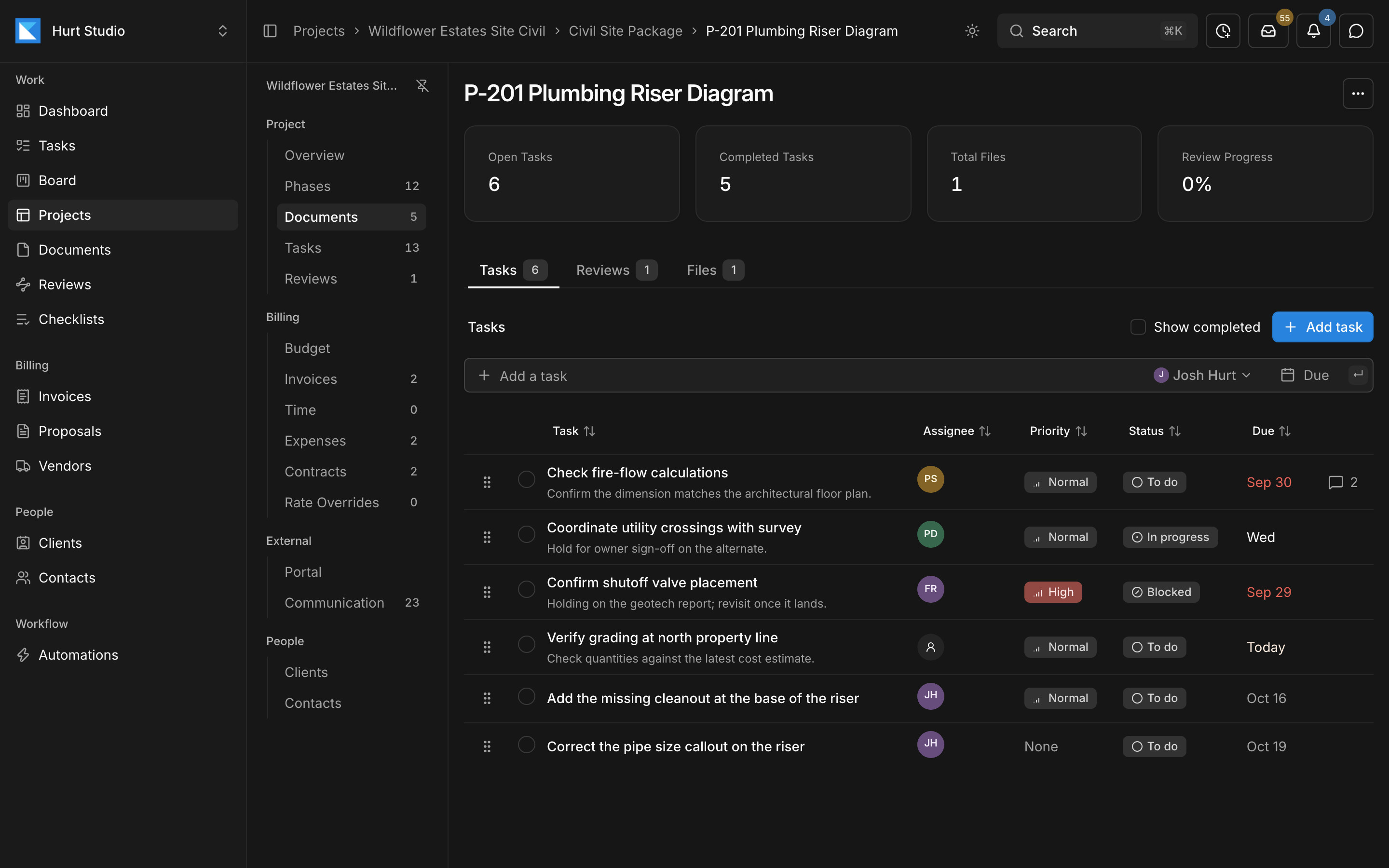 A plumbing riser diagram's page in Paradesk with its open tasks, assignees, priorities, and due dates