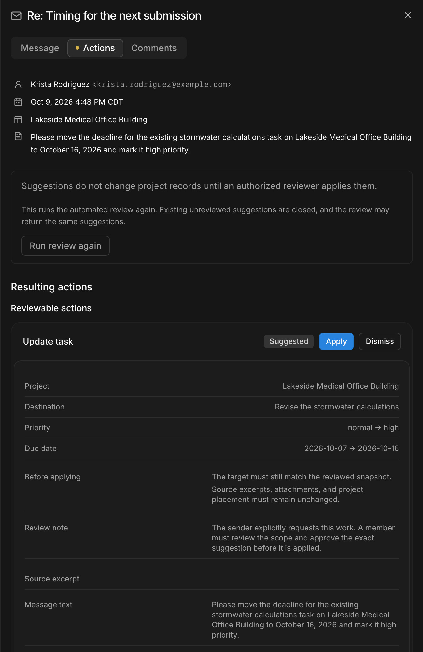 A client email in Kineo asking to move a deadline, with the suggested change to the task's due date and priority, the lines of the email it came from, and Apply and Dismiss buttons