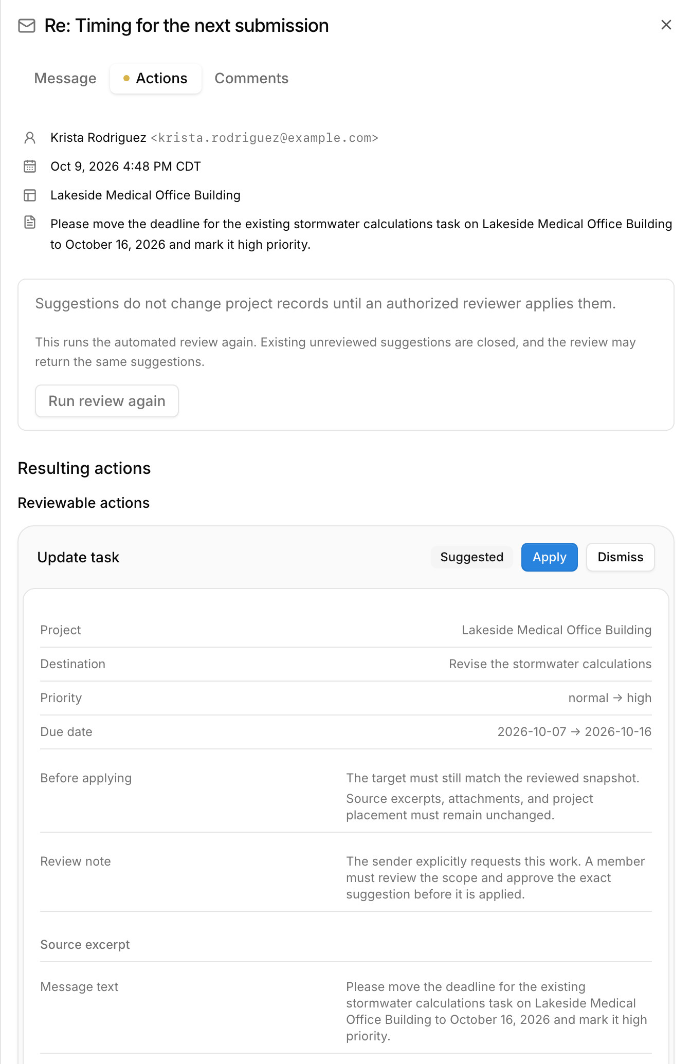 A client email in Kineo asking to move a deadline, with the suggested change to the task's due date and priority, the lines of the email it came from, and Apply and Dismiss buttons