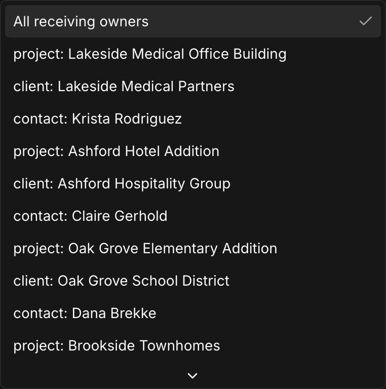 The inbox's address filter in Kineo, listing project, client, and contact inboxes together