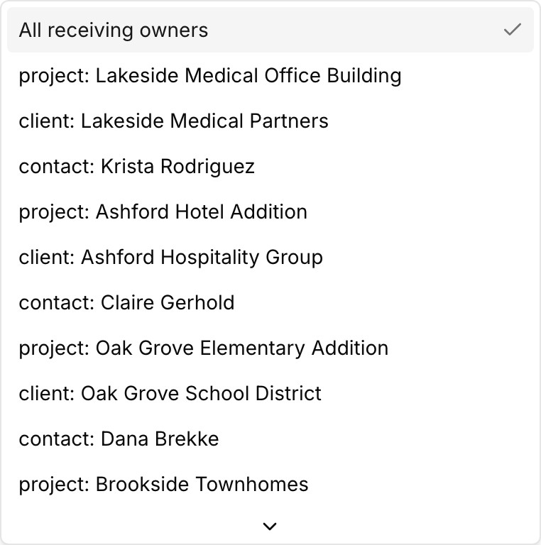 The inbox's address filter in Kineo, listing project, client, and contact inboxes together