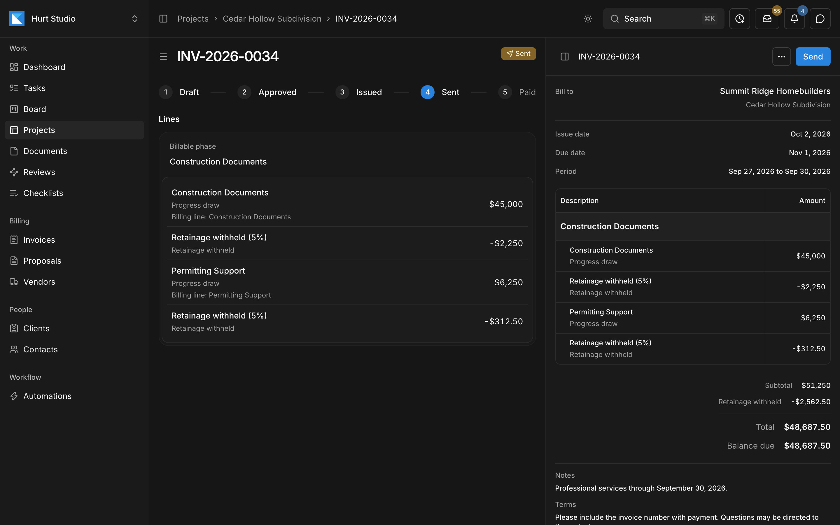 An invoice in Kineo with progress draws by billing line, retainage withheld, and its approval steps