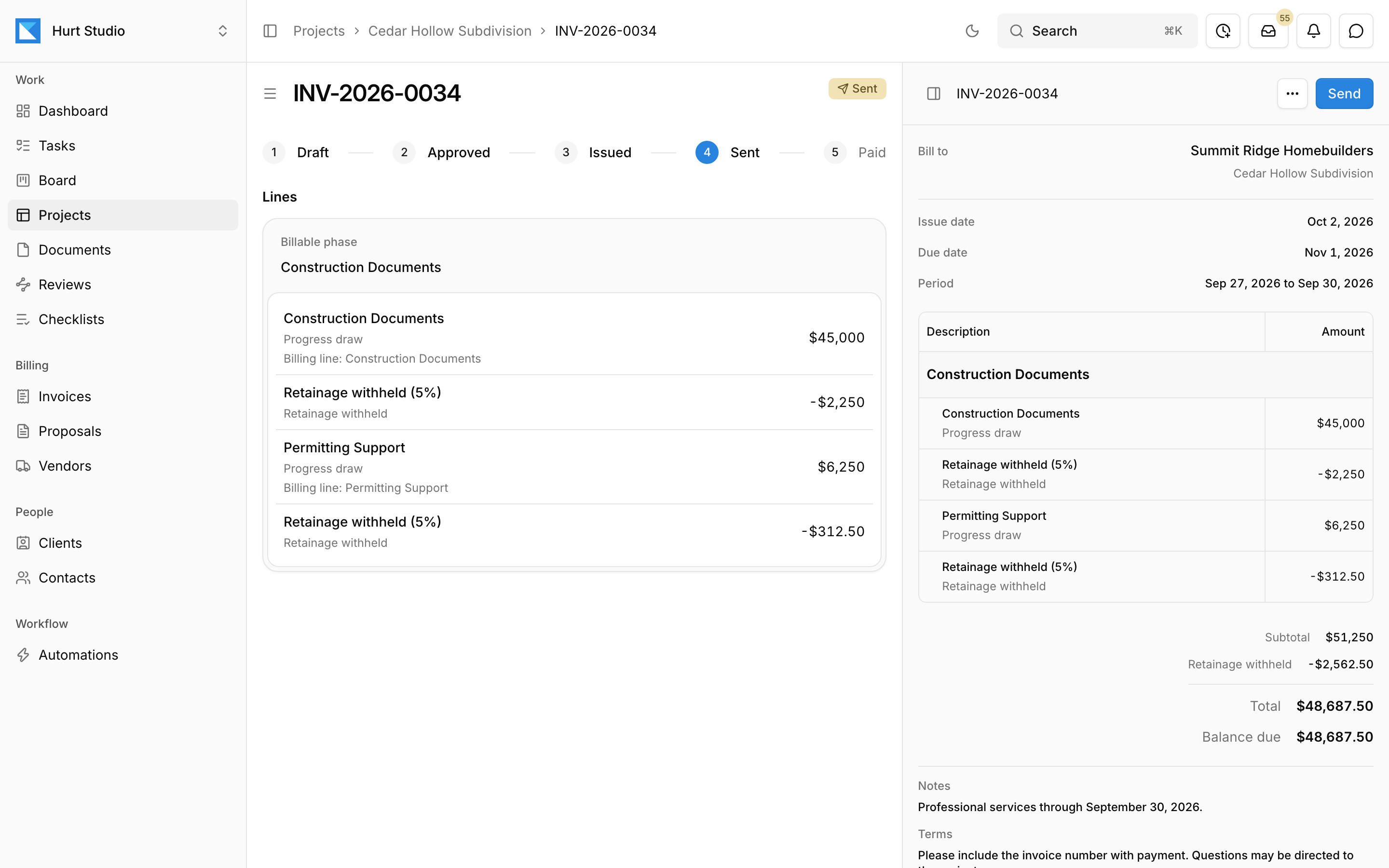 An invoice in Kineo with progress draws by billing line, retainage withheld, and its approval steps