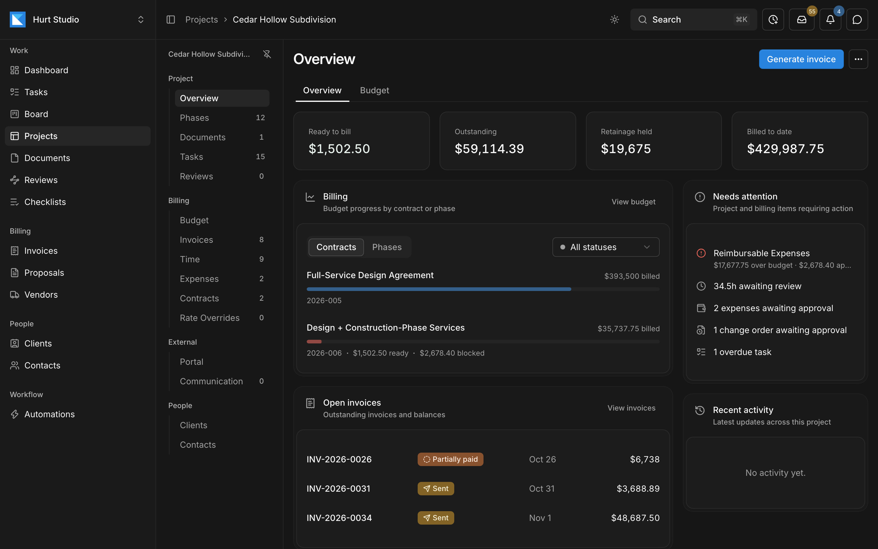 A project overview in Paradesk showing billing progress by contract, open invoices, and items that need attention