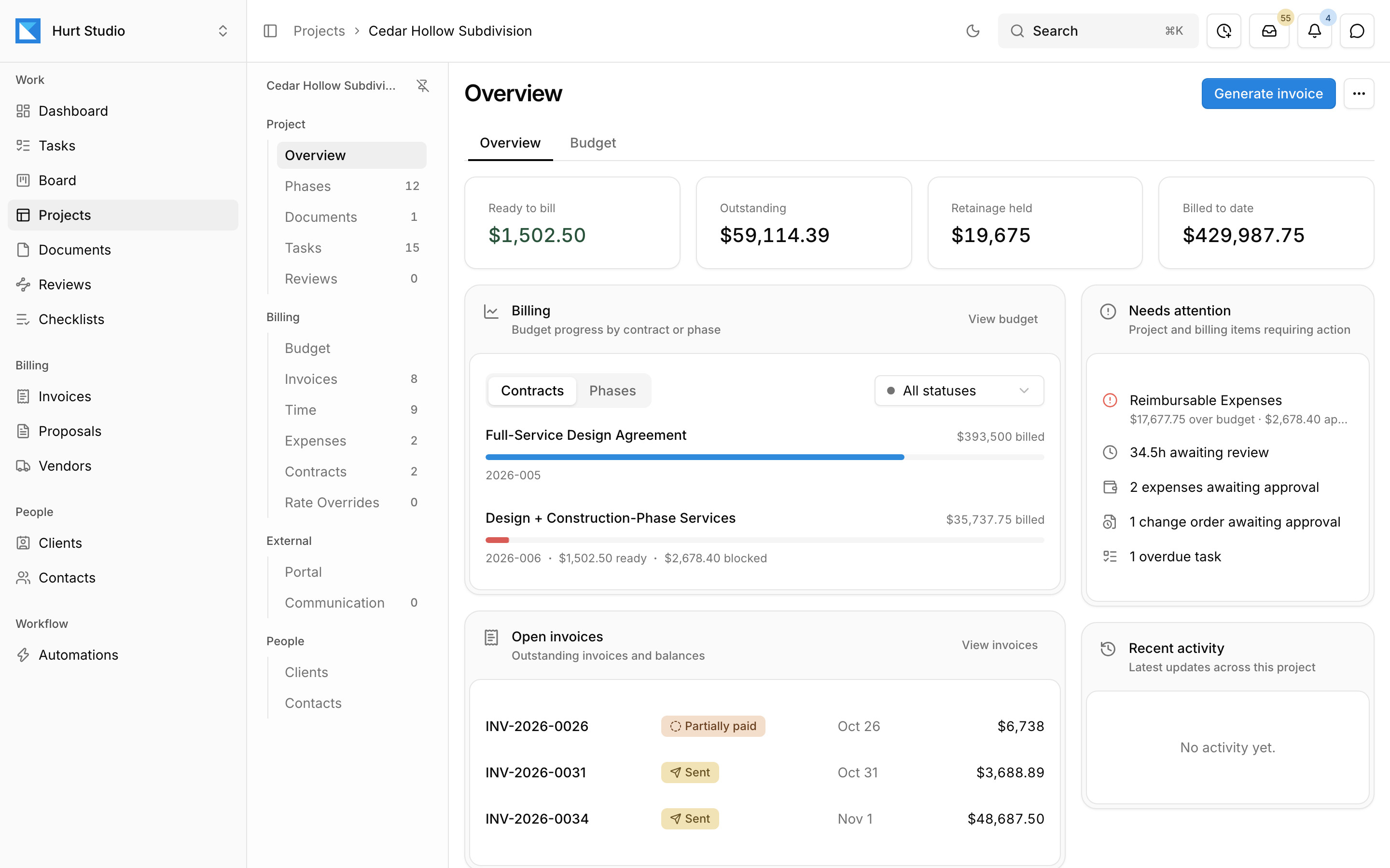 A project overview in Paradesk showing billing progress by contract, open invoices, and items that need attention
