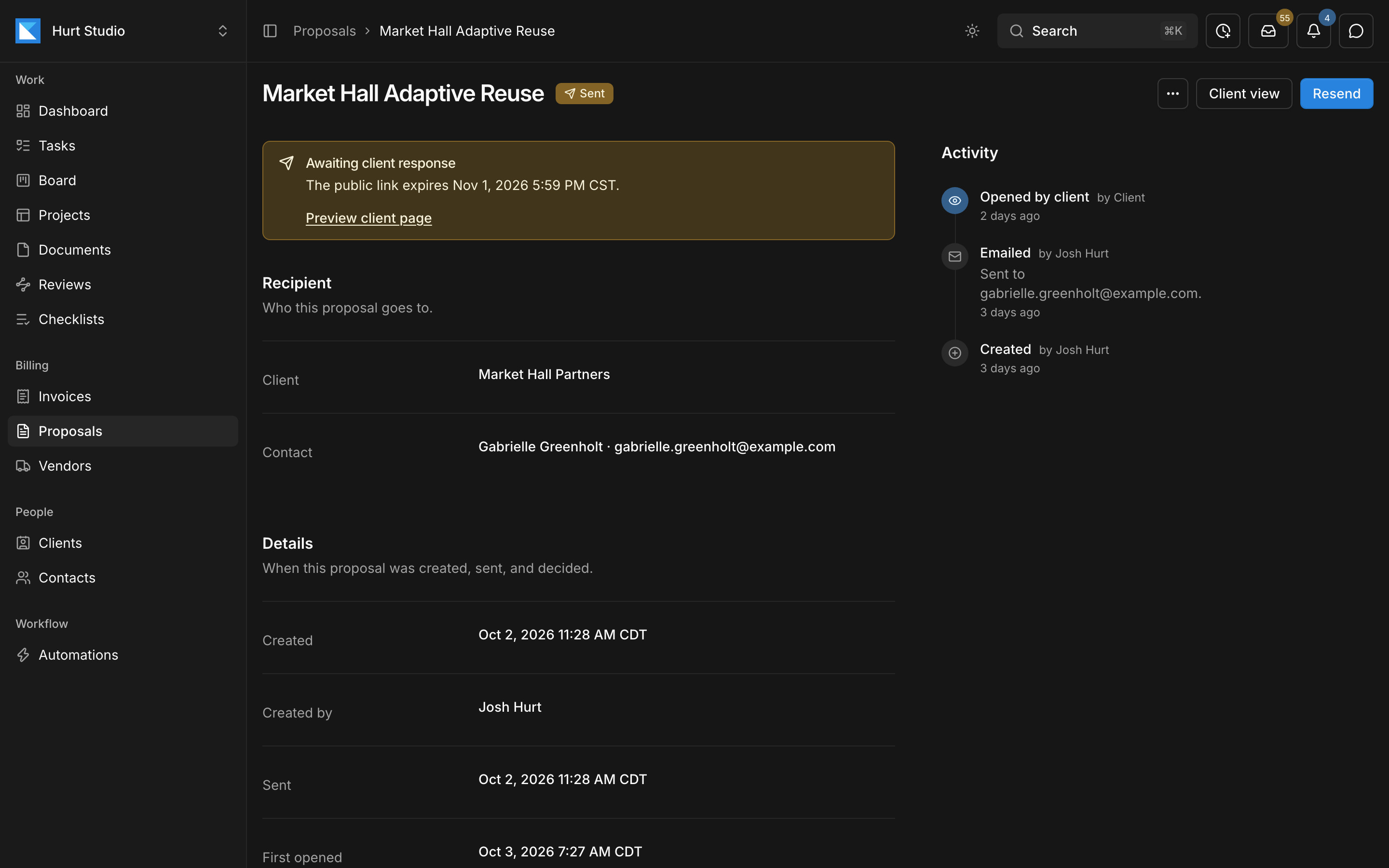 A sent proposal in Paradesk awaiting the client's response, with its recipient and activity log