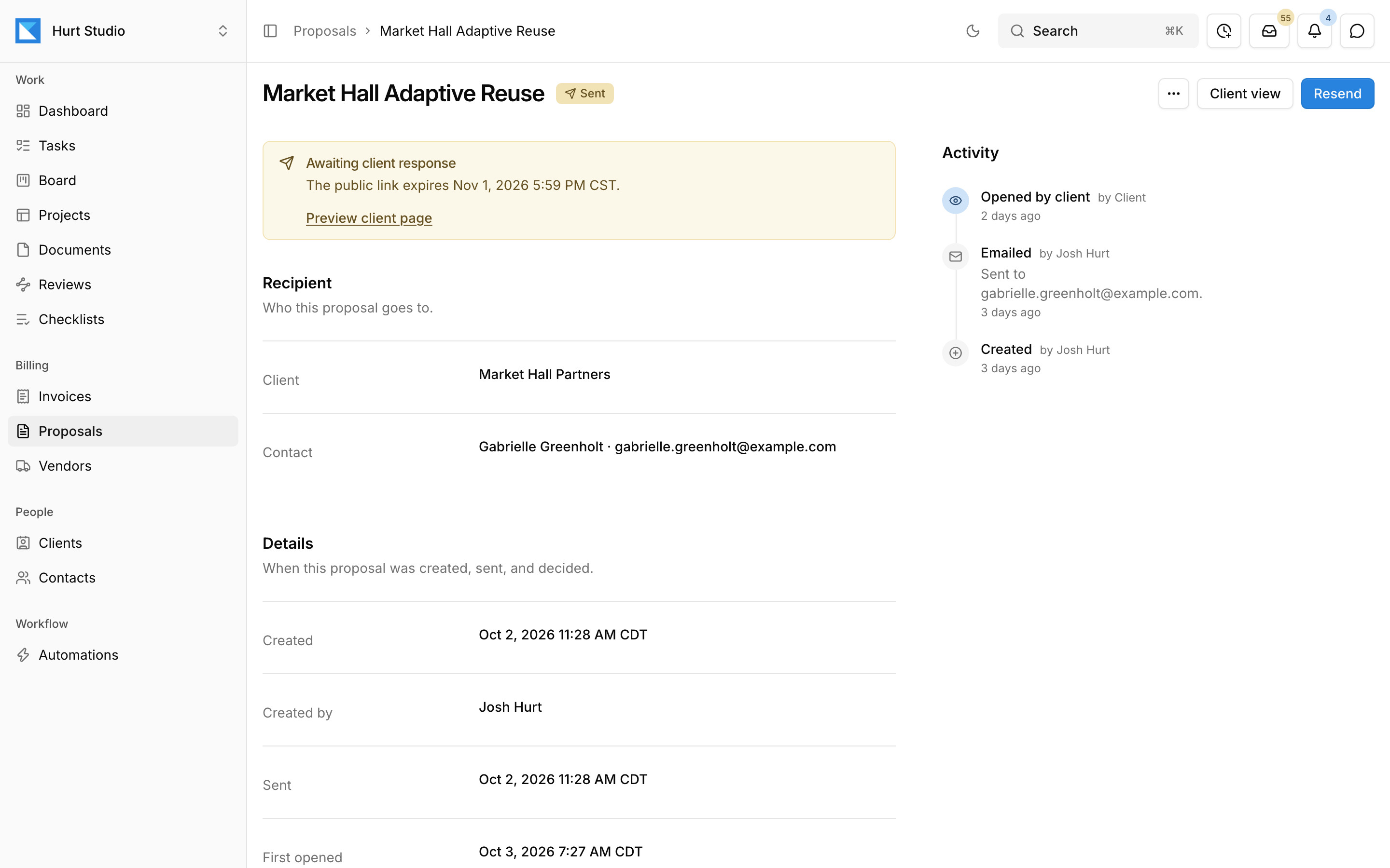 A sent proposal in Paradesk awaiting the client's response, with its recipient and activity log