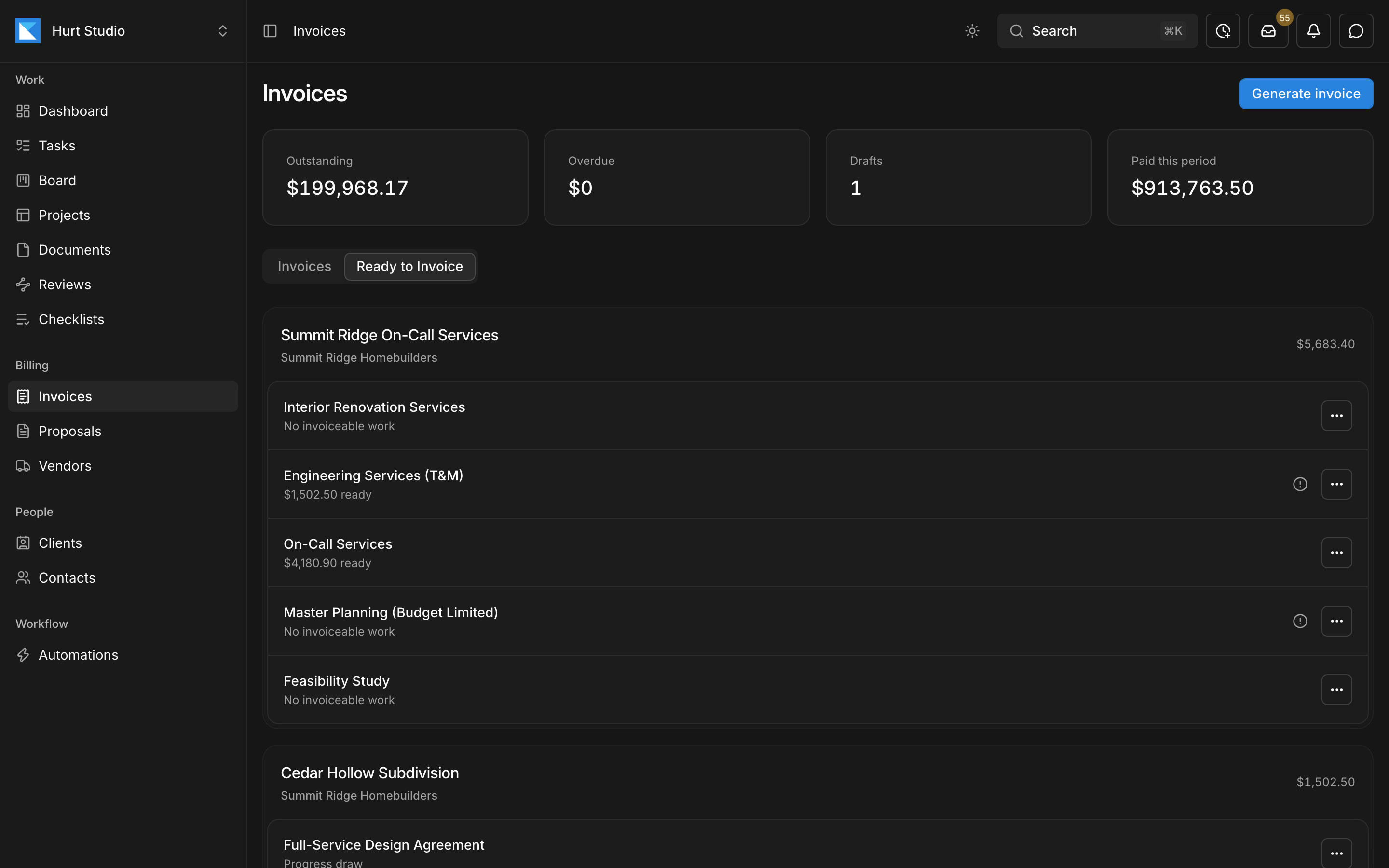 Kineo's Ready to Invoice view listing each contract and the amount it can bill now