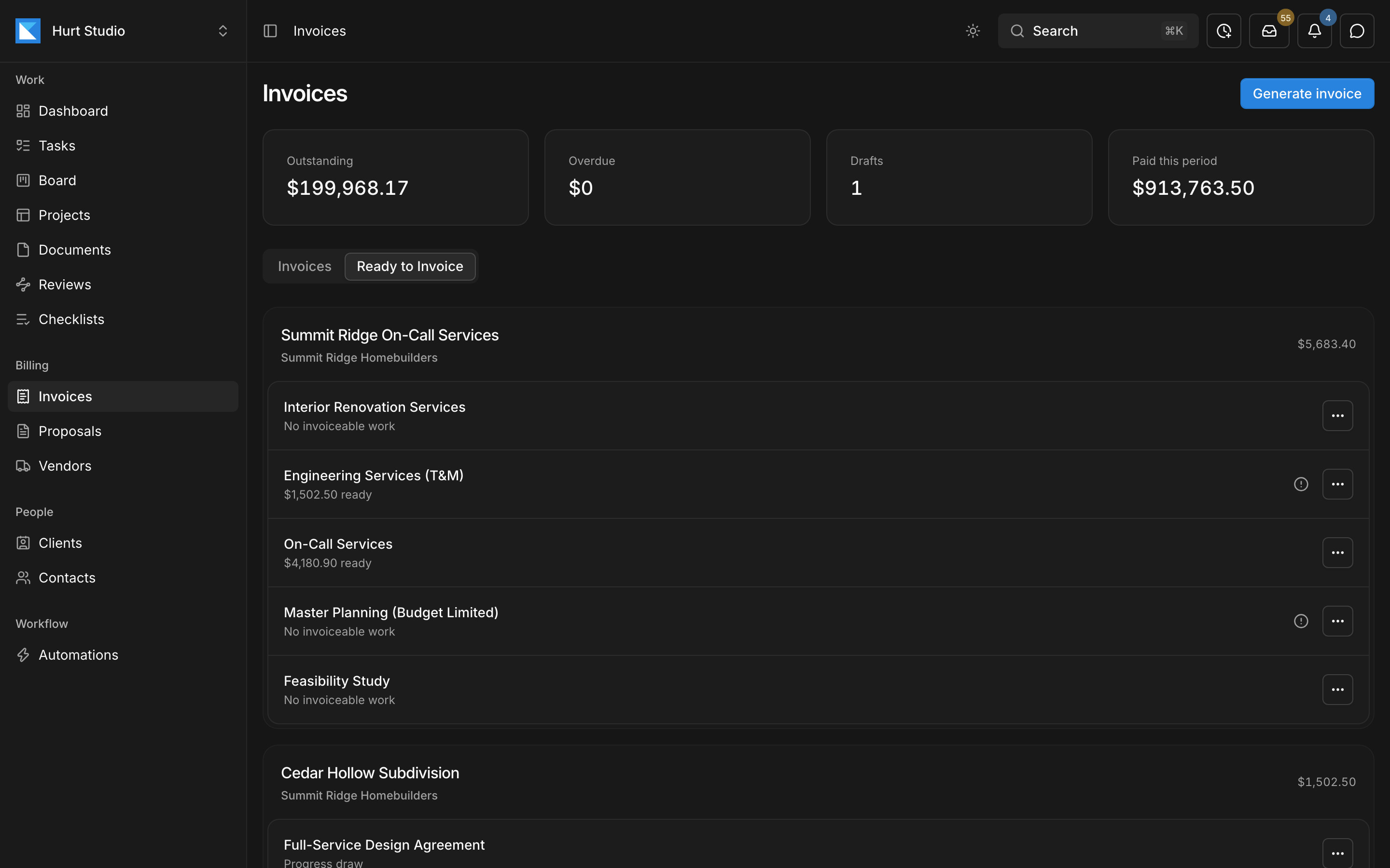 Paradesk's Ready to Invoice view listing each contract and the amount it can bill now