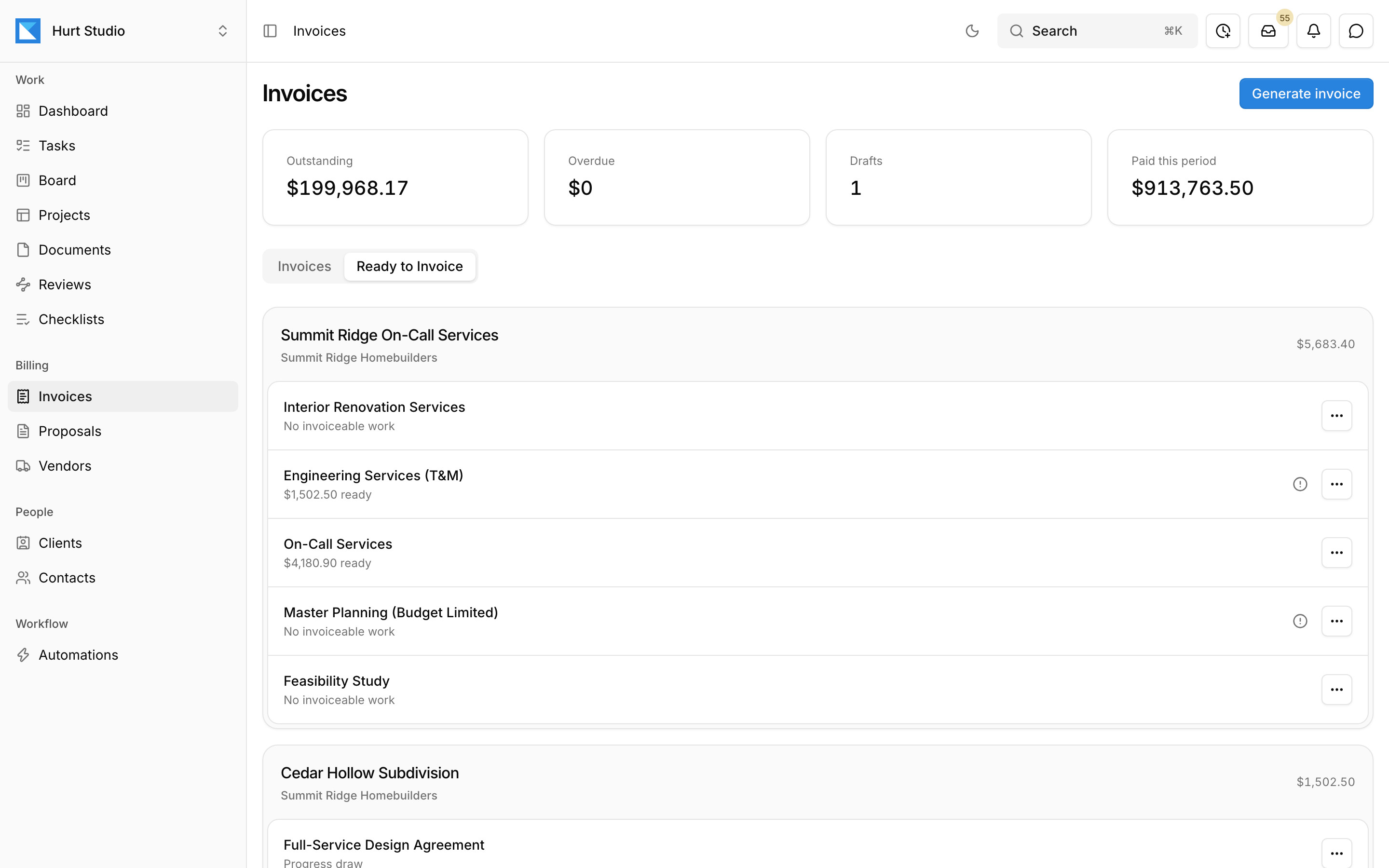 Kineo's Ready to Invoice view listing each contract and the amount it can bill now
