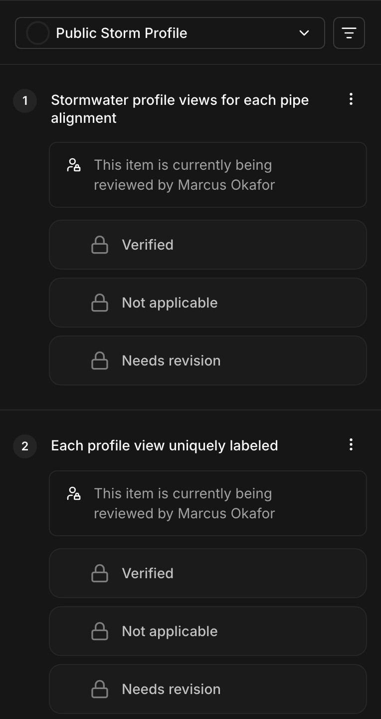 A checklist item with verified, not applicable, and needs revision options above its nine markup tools