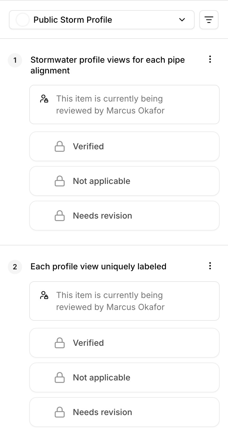 A checklist item with verified, not applicable, and needs revision options above its nine markup tools