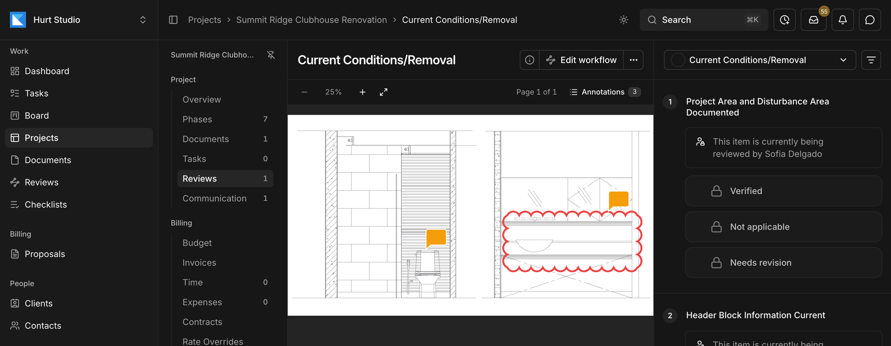 A drawing under review in Kineo, with markups on the sheet and the checklist beside it