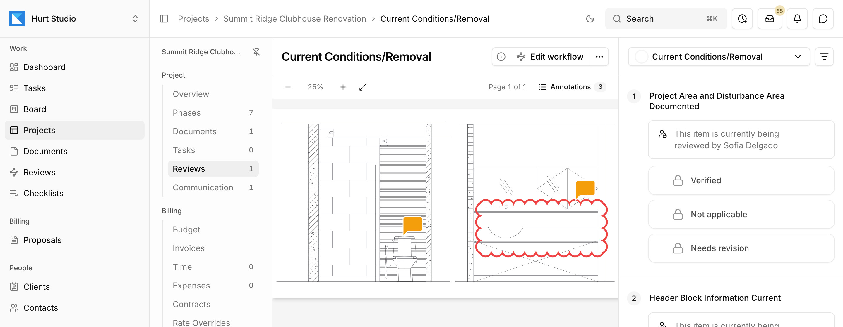 A drawing under review in Kineo, with markups on the sheet and the checklist beside it