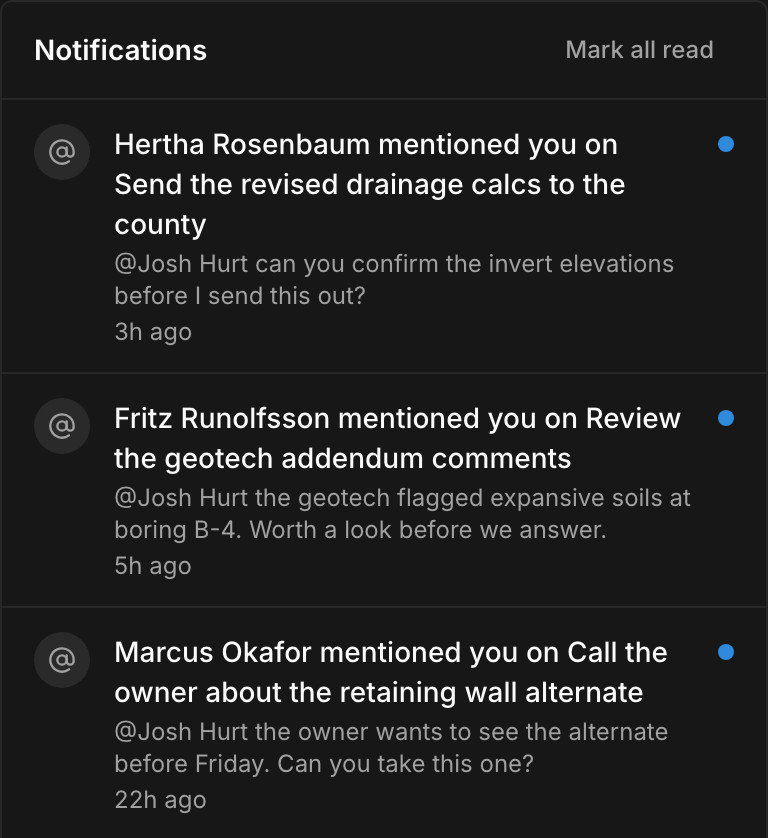 Paradesk's notifications: a summary of tasks due today and a teammate's mention in a task comment