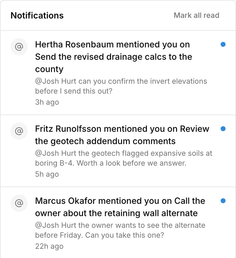 Paradesk's notifications: a summary of tasks due today and a teammate's mention in a task comment